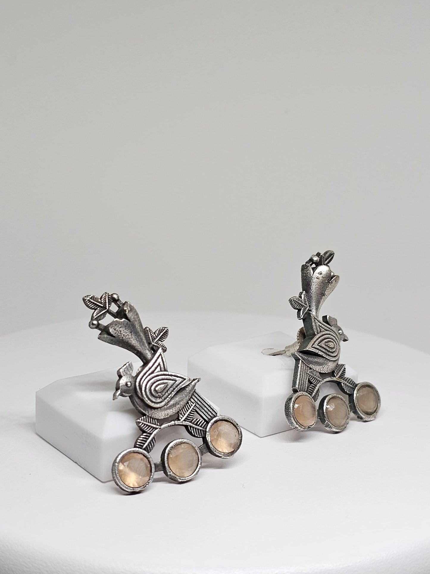 Handcrafted Oxidized Silver Bird Earrings with Gemstone Accents - Unique Traditional with intricate leaf design Jewellery for Her, Gift Idea