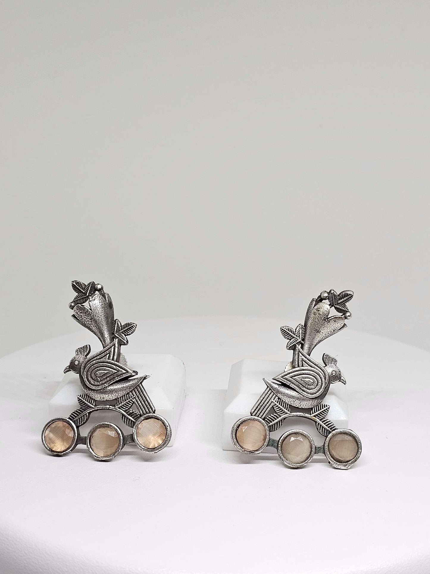 Handcrafted Oxidized Silver Bird Earrings with Gemstone Accents - Unique Traditional with intricate leaf design Jewellery for Her, Gift Idea