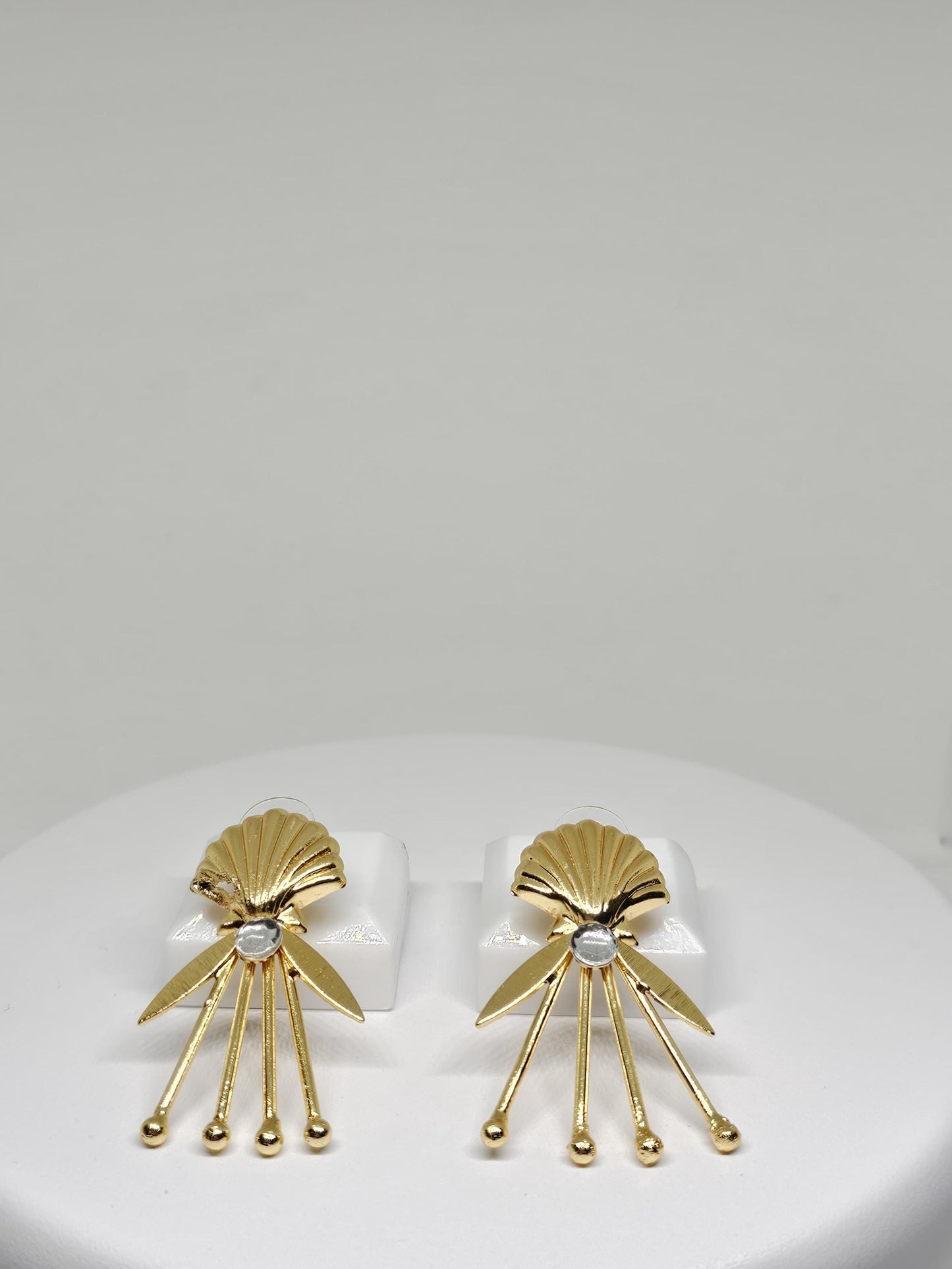 Golden Shell Dangle Earrings with Crystal Detail - Modern Statement Earrings for Women - Lightweight Sea-Inspired Jewelry , Brass Earrings