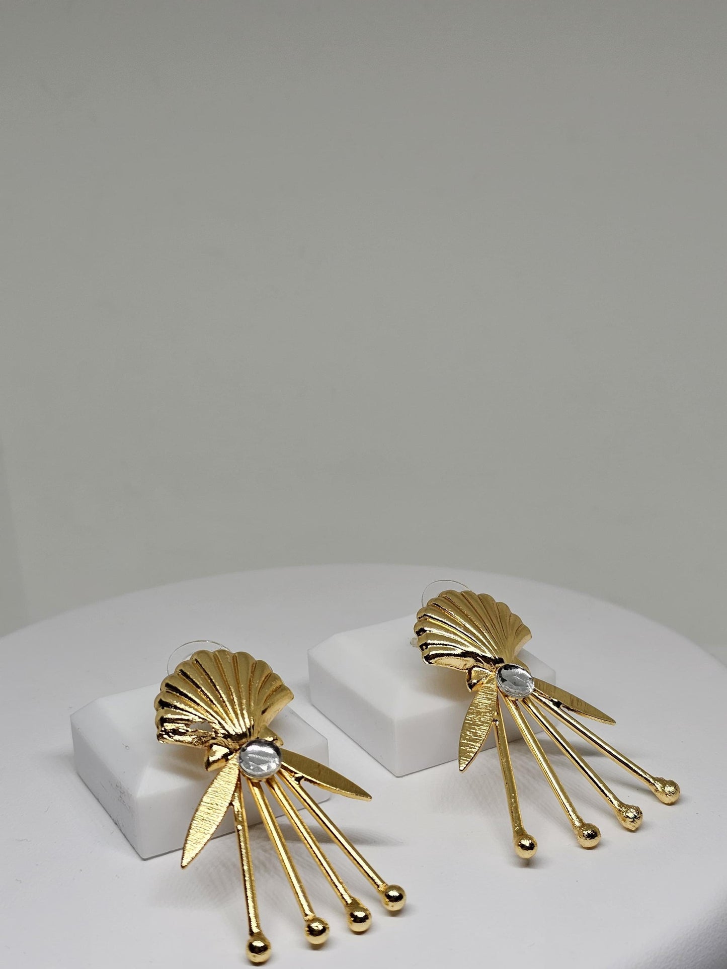 Golden Shell Dangle Earrings with Crystal Detail - Modern Statement Earrings for Women - Lightweight Sea-Inspired Jewelry , Brass Earrings