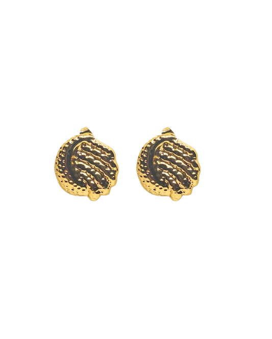 Pair of gold earrings with intricate design on a white background