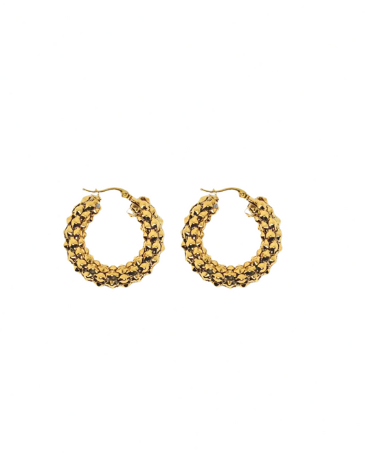 Gold hoop earrings on a white background