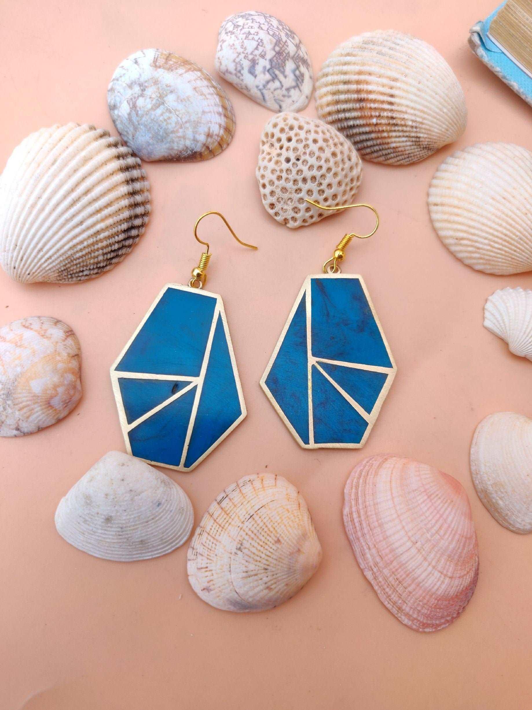 RESIN EARRINGS HANDMADE - Brass Geometric Earring, Blue Stone Earrings Gift, Minimalist Earrings, Stylish Earrings, Womens Earrings for Gift