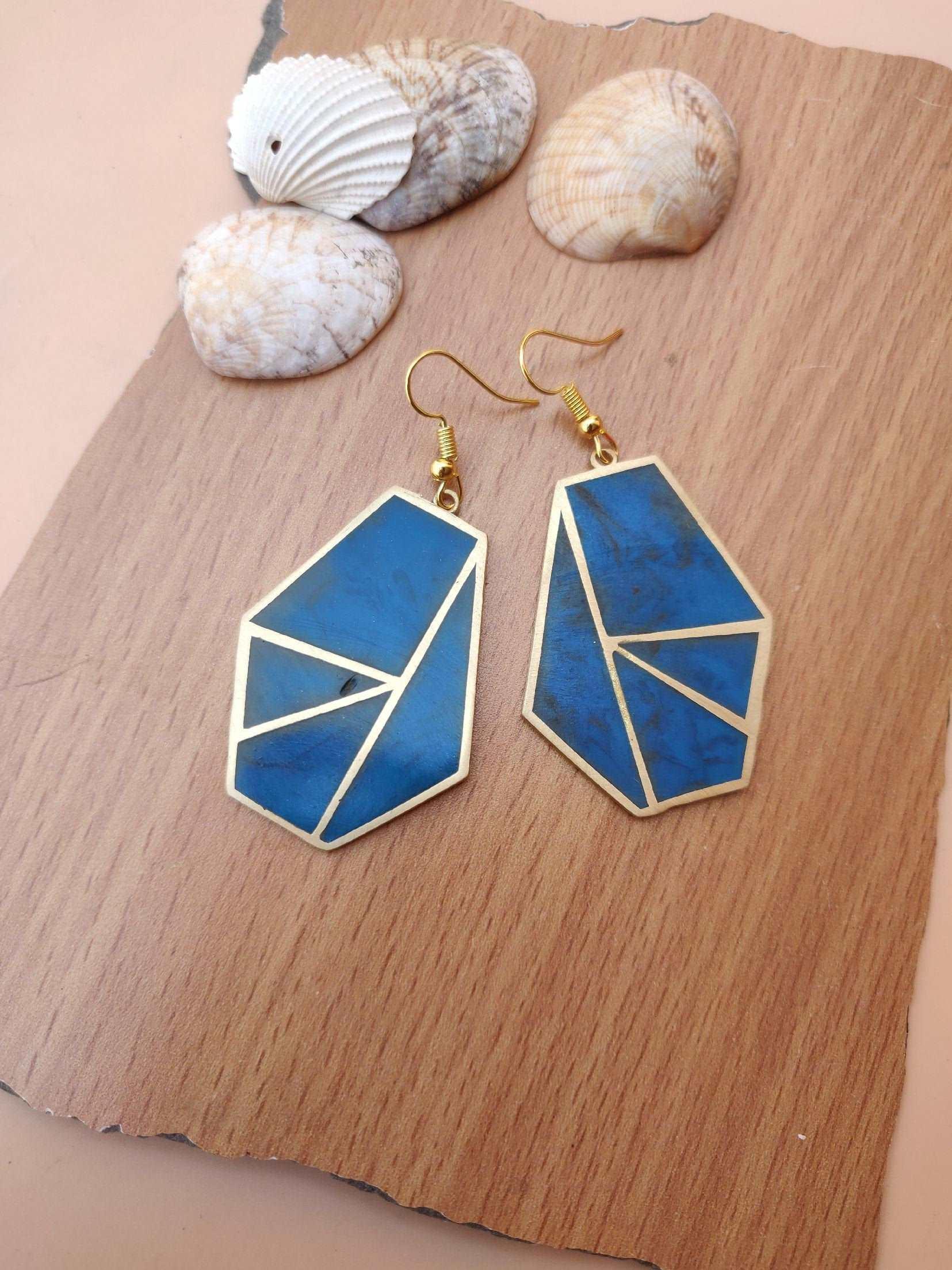 RESIN EARRINGS HANDMADE - Brass Geometric Earring, Blue Stone Earrings Gift, Minimalist Earrings, Stylish Earrings, Womens Earrings for Gift