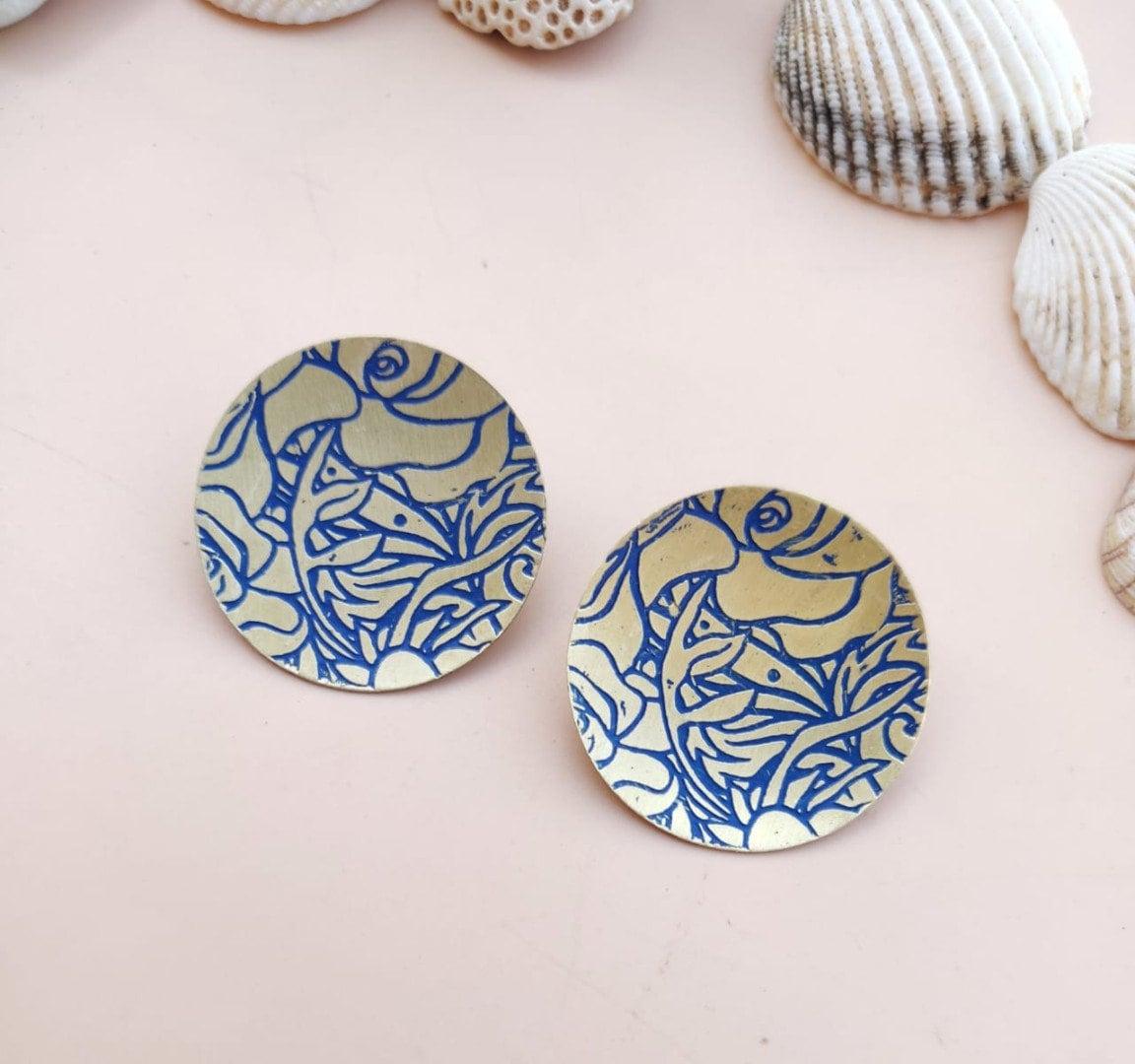 DESIGNER STUD EARRINGS - Gold Plated Earrings, Handmade Brass Earrings, Round Stud Earrings, Earrings for Womens, Elegant Jewelry for Gifts