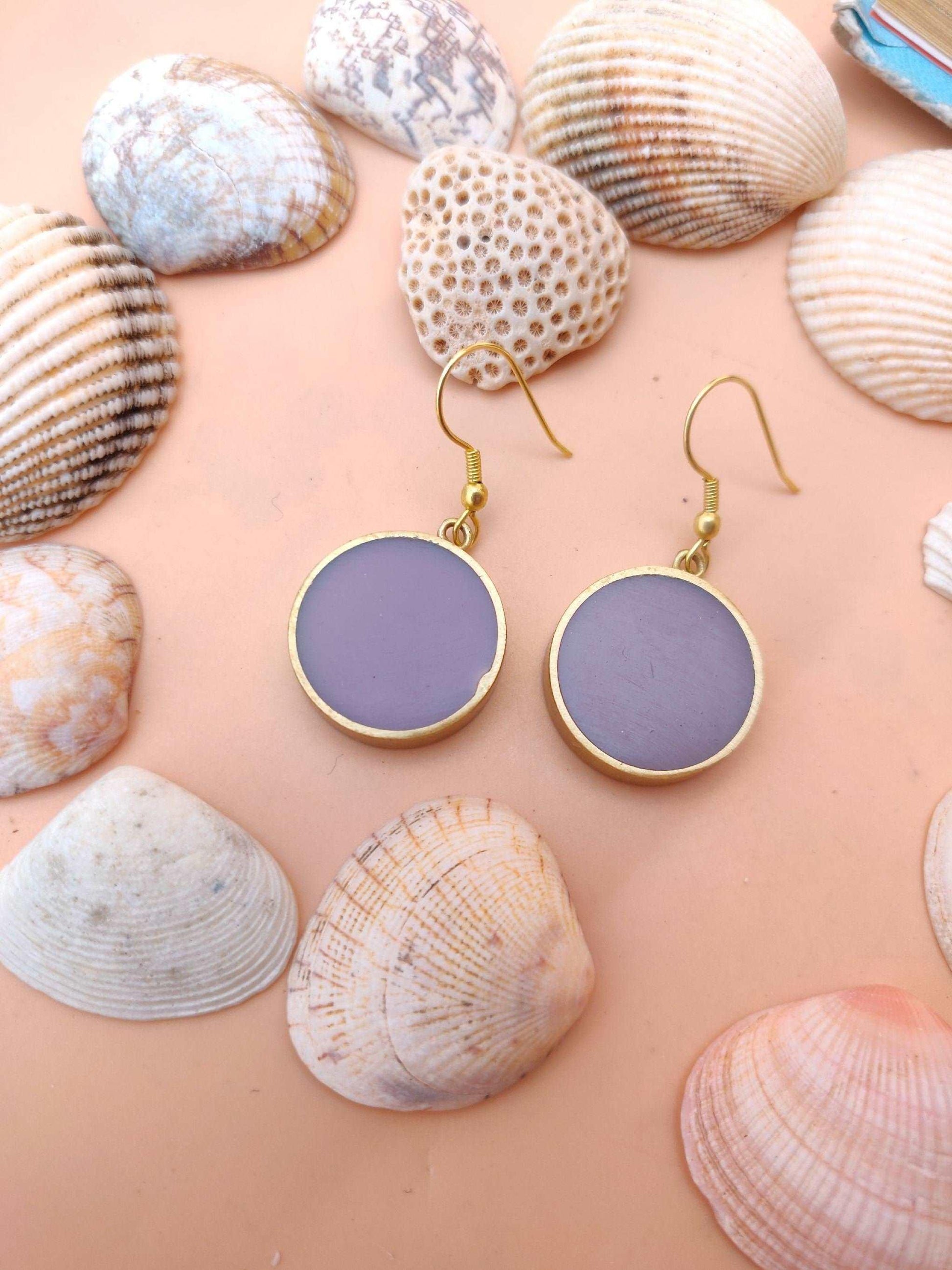 PURPLE RESIN EARRINGS - Handmade Brass Earrings, Round Dangle Earrings, Artistic Earrings, Geometric Earrings for Womens, Boho Earrings Gift