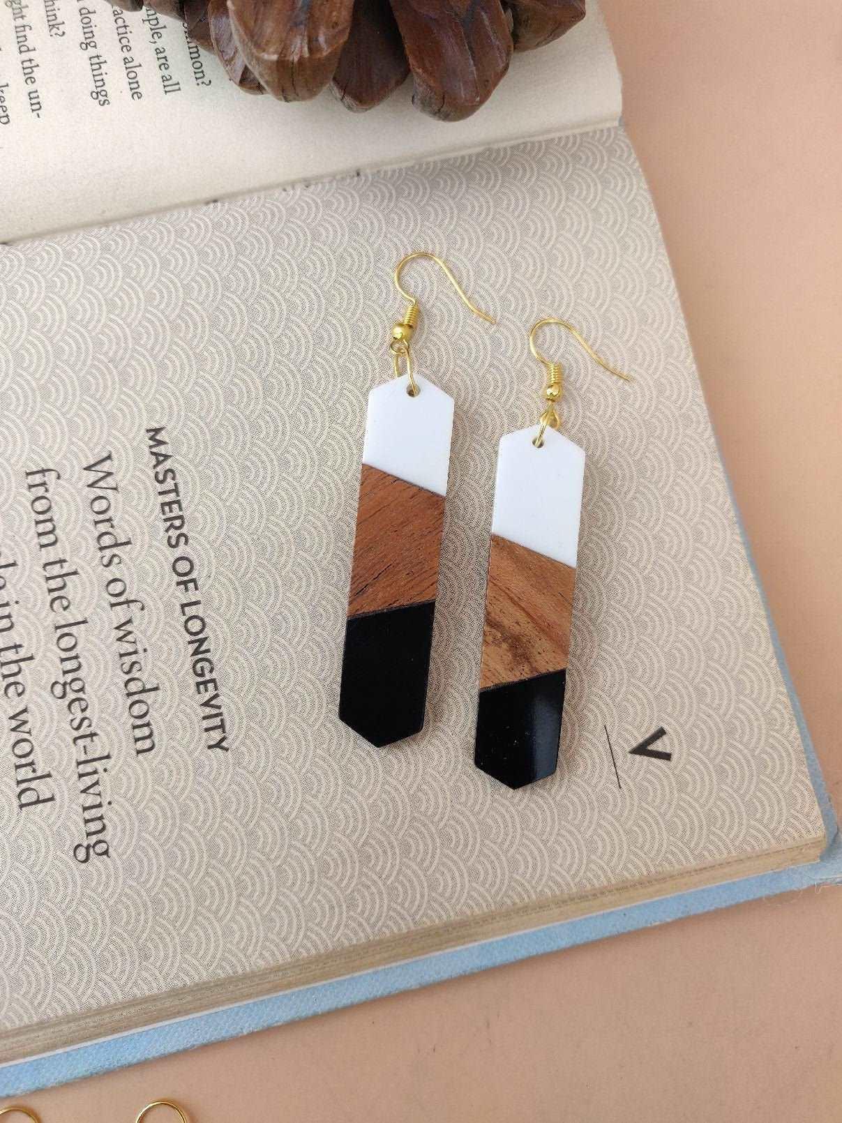 WOOD RESIN EARRINGS - Minimalist Earrings, Handcrafted Earrings for Womens, Artistic Earrings, Aesthetic Earrings, Lightweight Earrings Gift