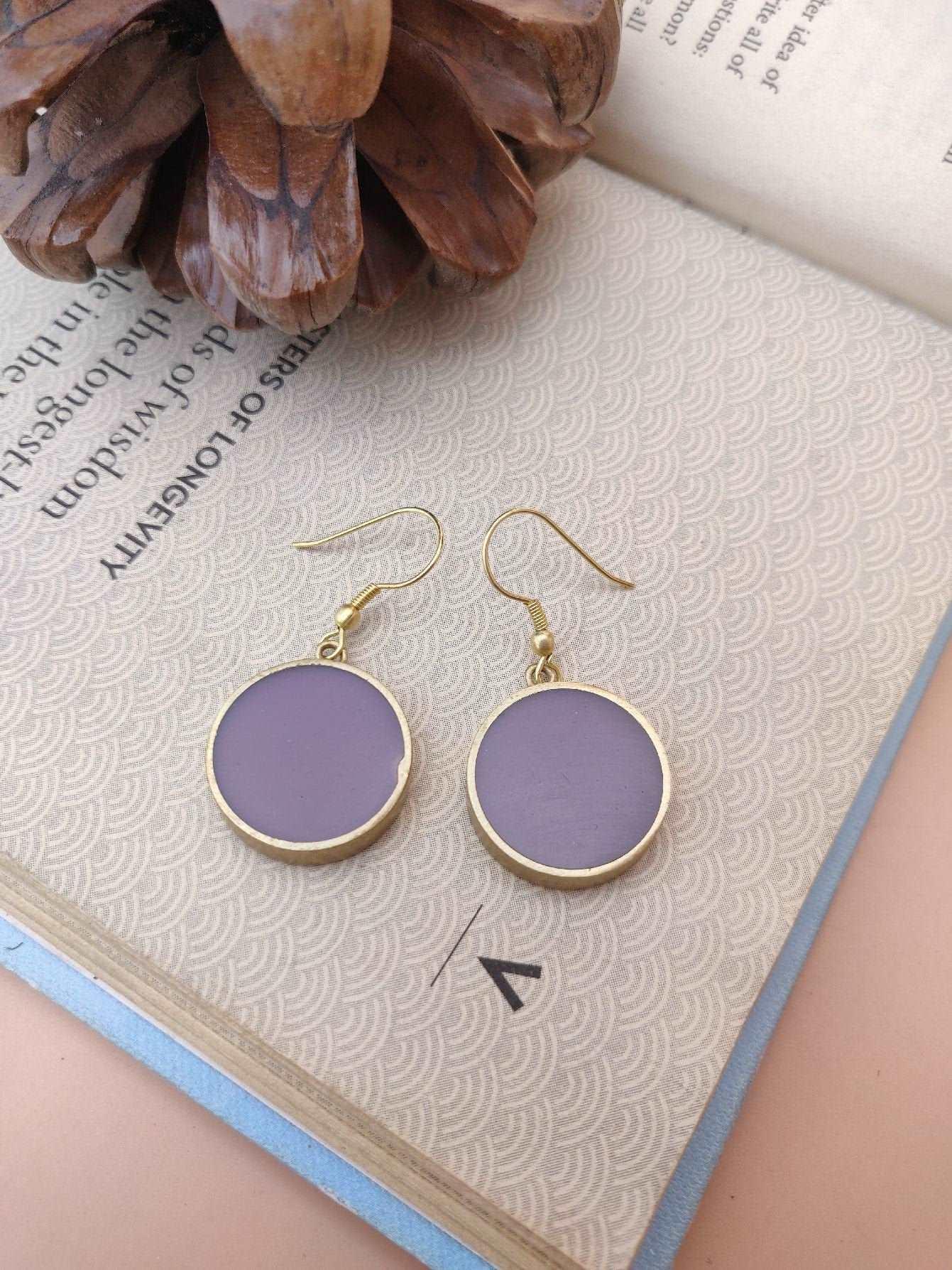 PURPLE RESIN EARRINGS - Handmade Brass Earrings, Round Dangle Earrings, Artistic Earrings, Geometric Earrings for Womens, Boho Earrings Gift