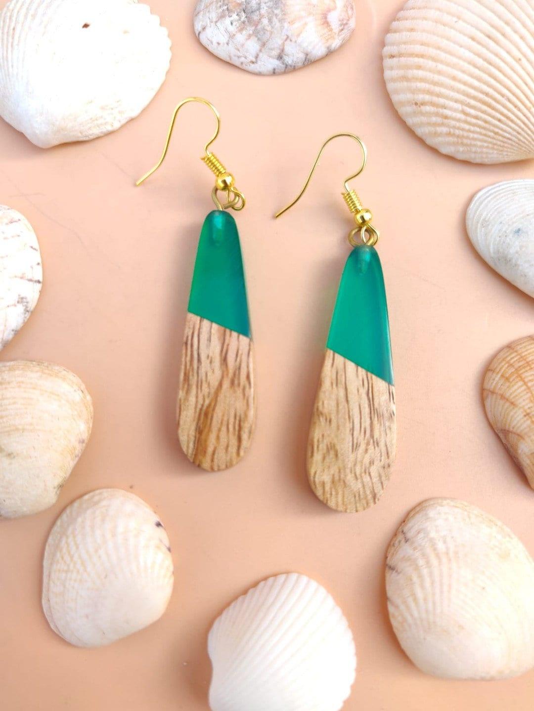 HANDMADE WOOD EARRINGS - Wood Resin Earrings, Statement Earrings, Green Resin Earring, Artistic Jewelry Gift, Womens Drop Earrings for Gifts