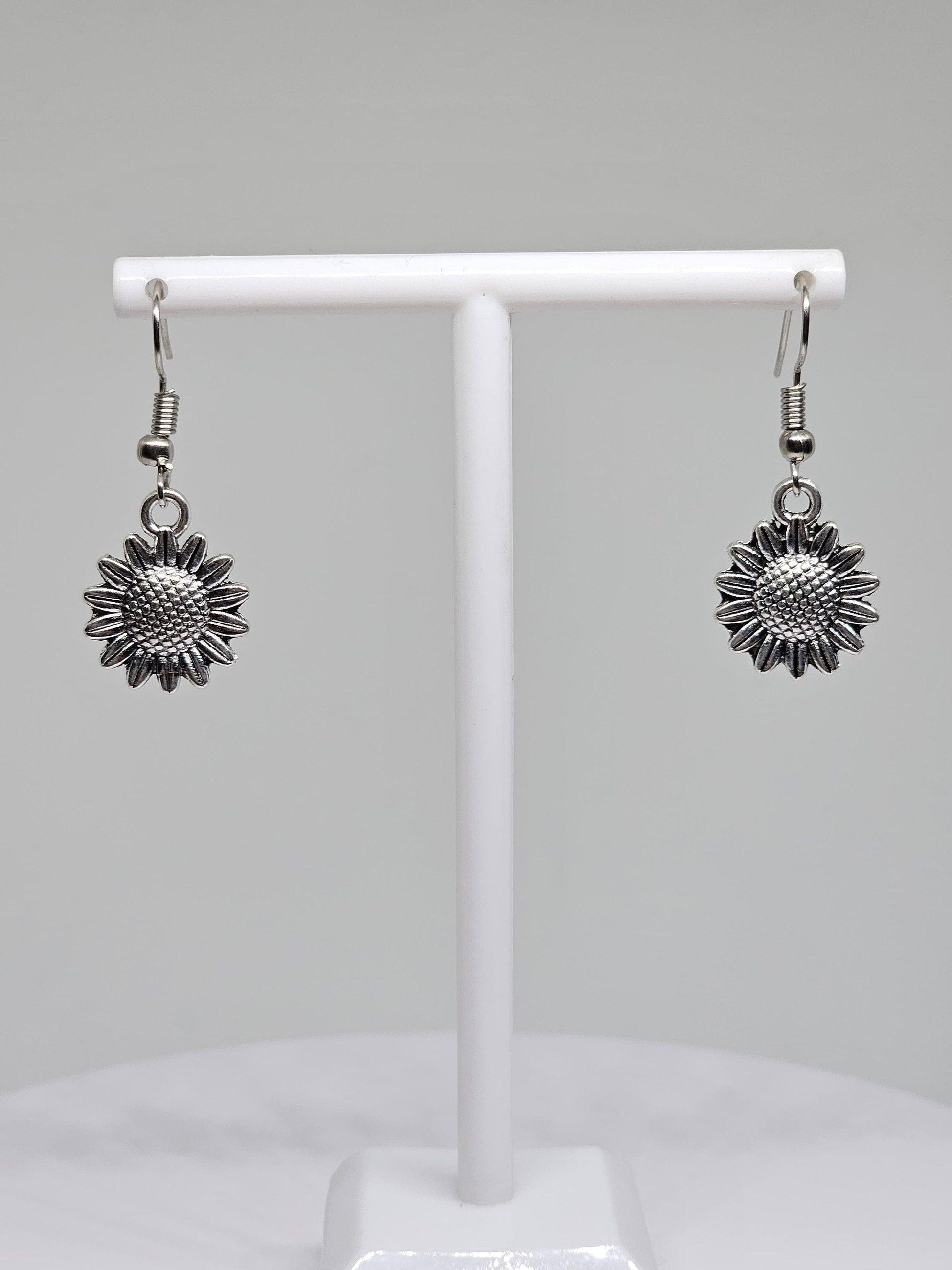SILVER SUNFLOWER EARRINGS - Boho Floral Earrings, Womens Dangle Earrings, Vintage Style Earrings, Handmade Silver Earrings, Earrings for Her