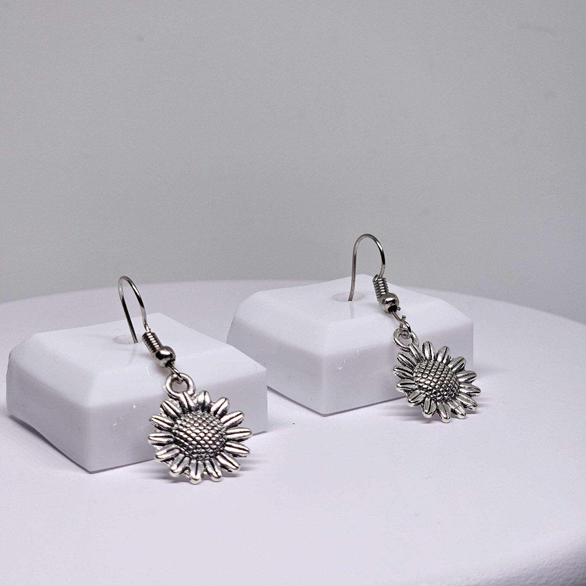 SILVER SUNFLOWER EARRINGS - Boho Floral Earrings, Womens Dangle Earrings, Vintage Style Earrings, Handmade Silver Earrings, Earrings for Her