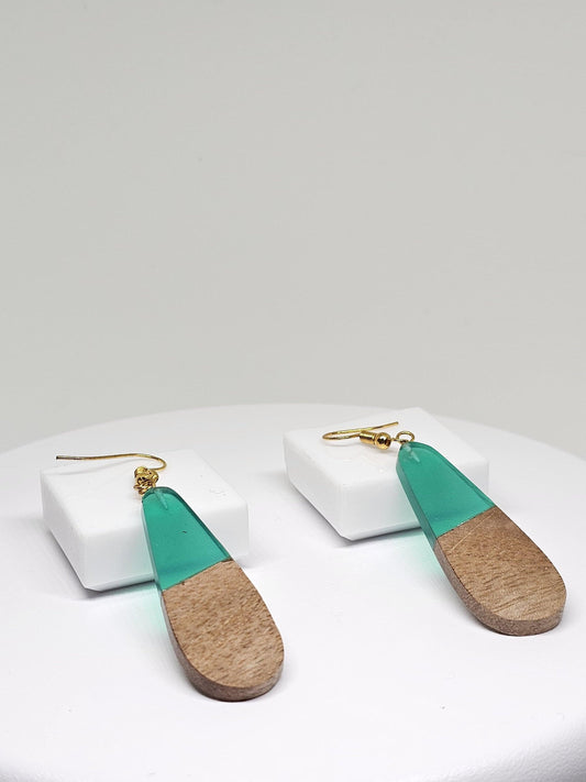 HANDMADE WOOD EARRINGS - Wood Resin Earrings, Statement Earrings, Green Resin Earring, Artistic Jewelry Gift, Womens Drop Earrings for Gifts