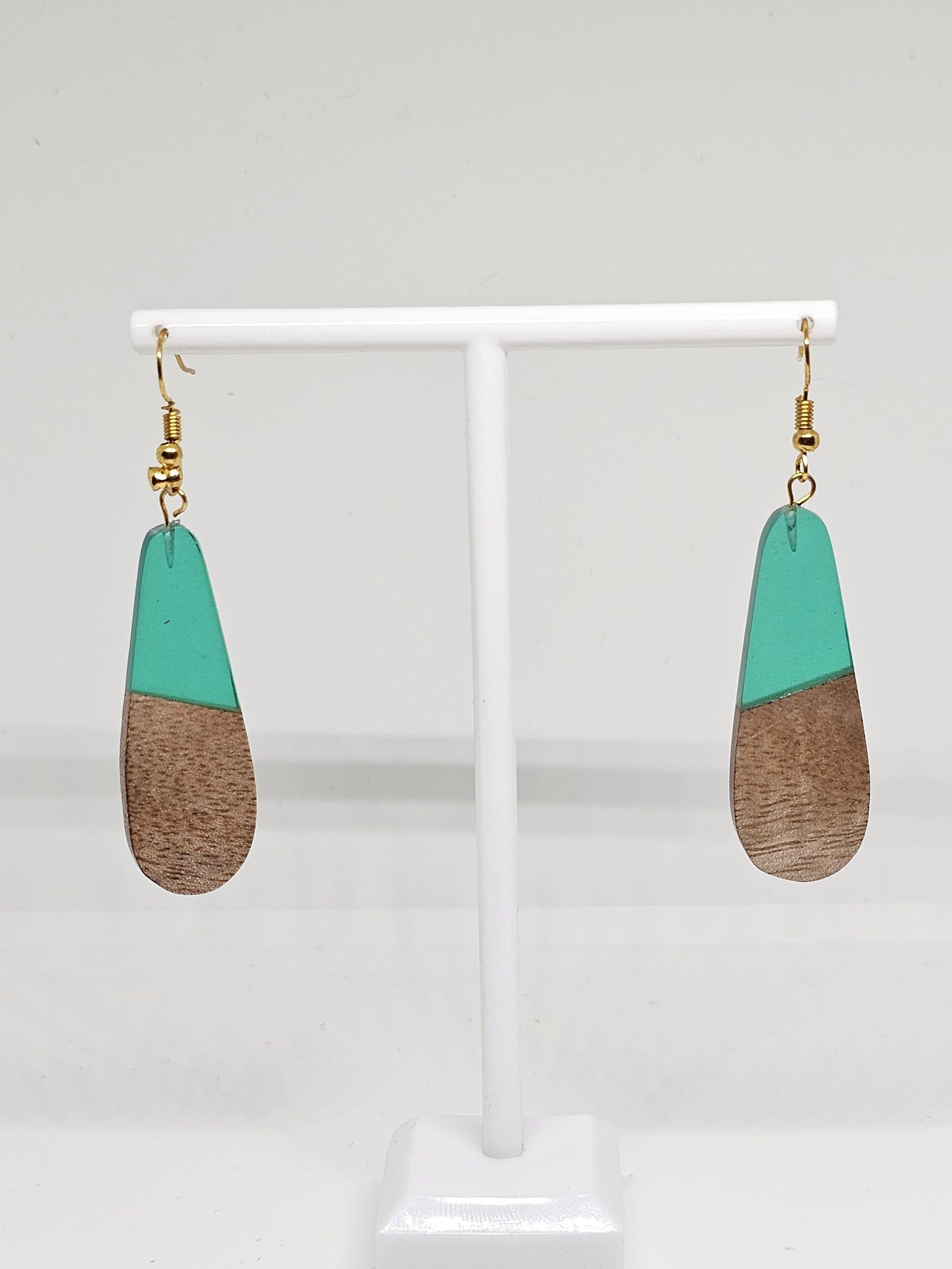 HANDMADE WOOD EARRINGS - Wood Resin Earrings, Statement Earrings, Green Resin Earring, Artistic Jewelry Gift, Womens Drop Earrings for Gifts