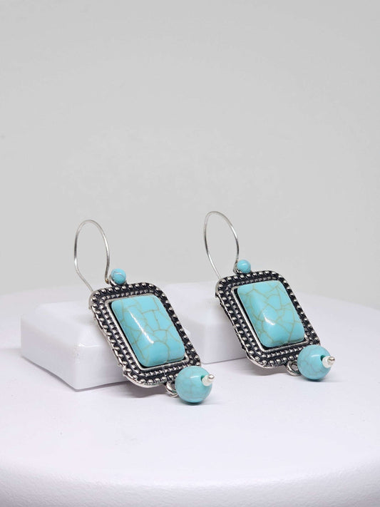SILVER STONE EARRINGS - Handmade Tibetan Earrings, Rectangle Turquoise Stone Earrings, Earrings for Womens, Handmade Jewelry, Boho Earrings