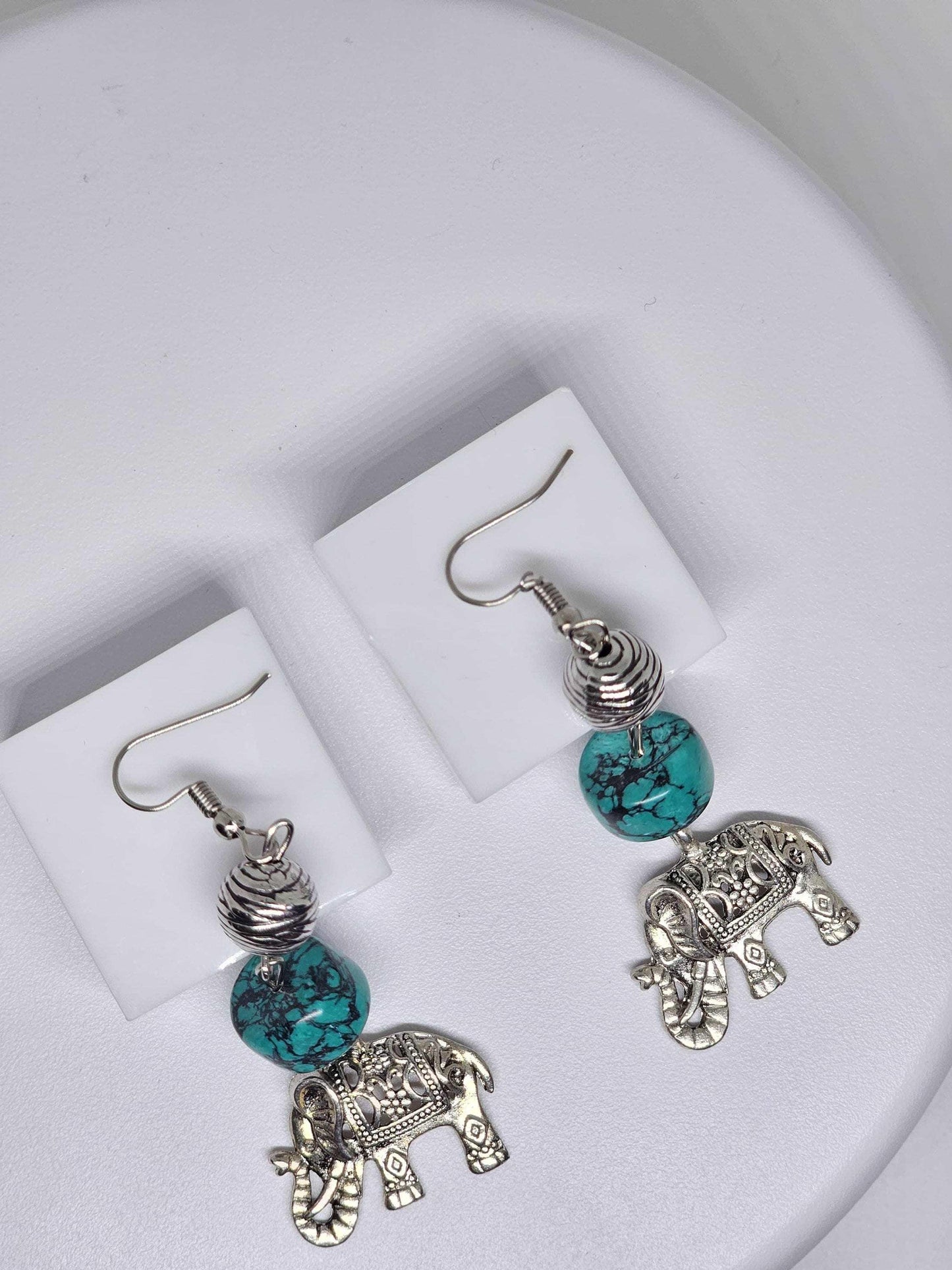 TURQUOISE STONE EARRINGS - Elephant Charm Earrings, Womens Dangle Earrings, Handmade Earrings, Silver Stone Earrings, Boho Earrings for Gift