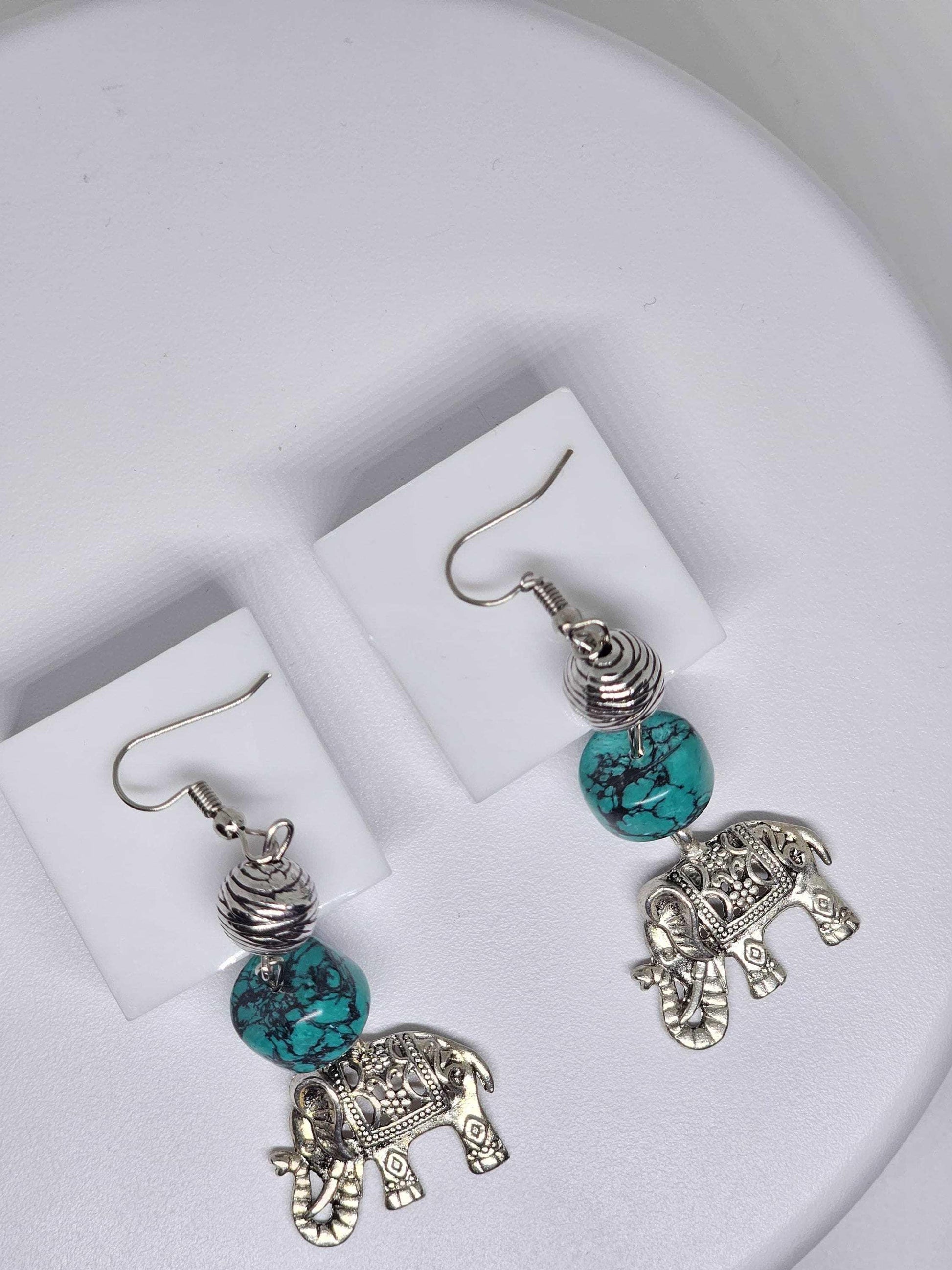 TURQUOISE STONE EARRINGS - Elephant Charm Earrings, Womens Dangle Earrings, Handmade Earrings, Silver Stone Earrings, Boho Earrings for Gift