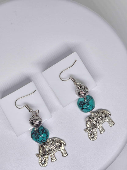 TURQUOISE STONE EARRINGS - Elephant Charm Earrings, Womens Dangle Earrings, Handmade Earrings, Silver Stone Earrings, Boho Earrings for Gift