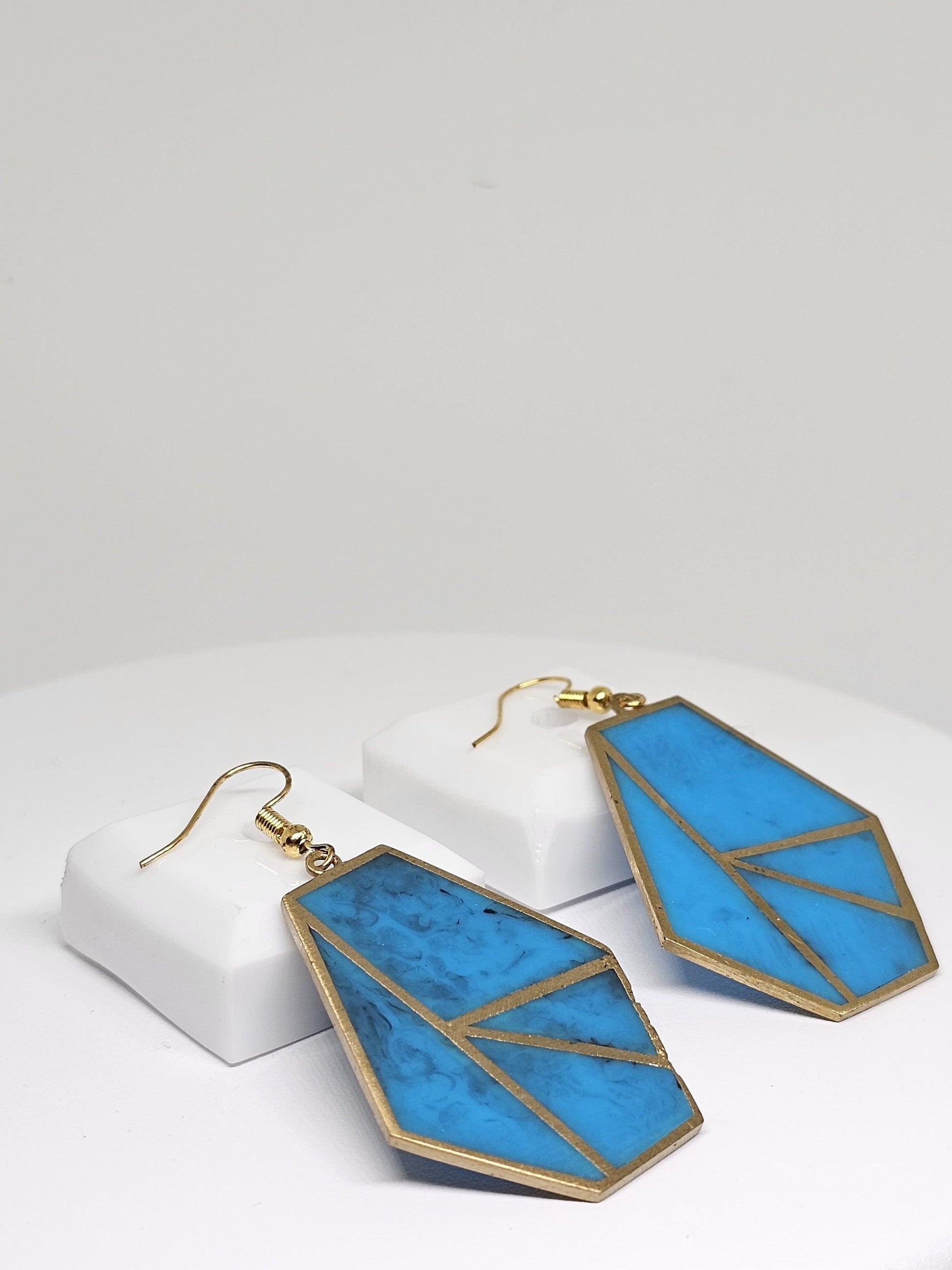 RESIN EARRINGS HANDMADE - Brass Geometric Earring, Blue Stone Earrings Gift, Minimalist Earrings, Stylish Earrings, Womens Earrings for Gift