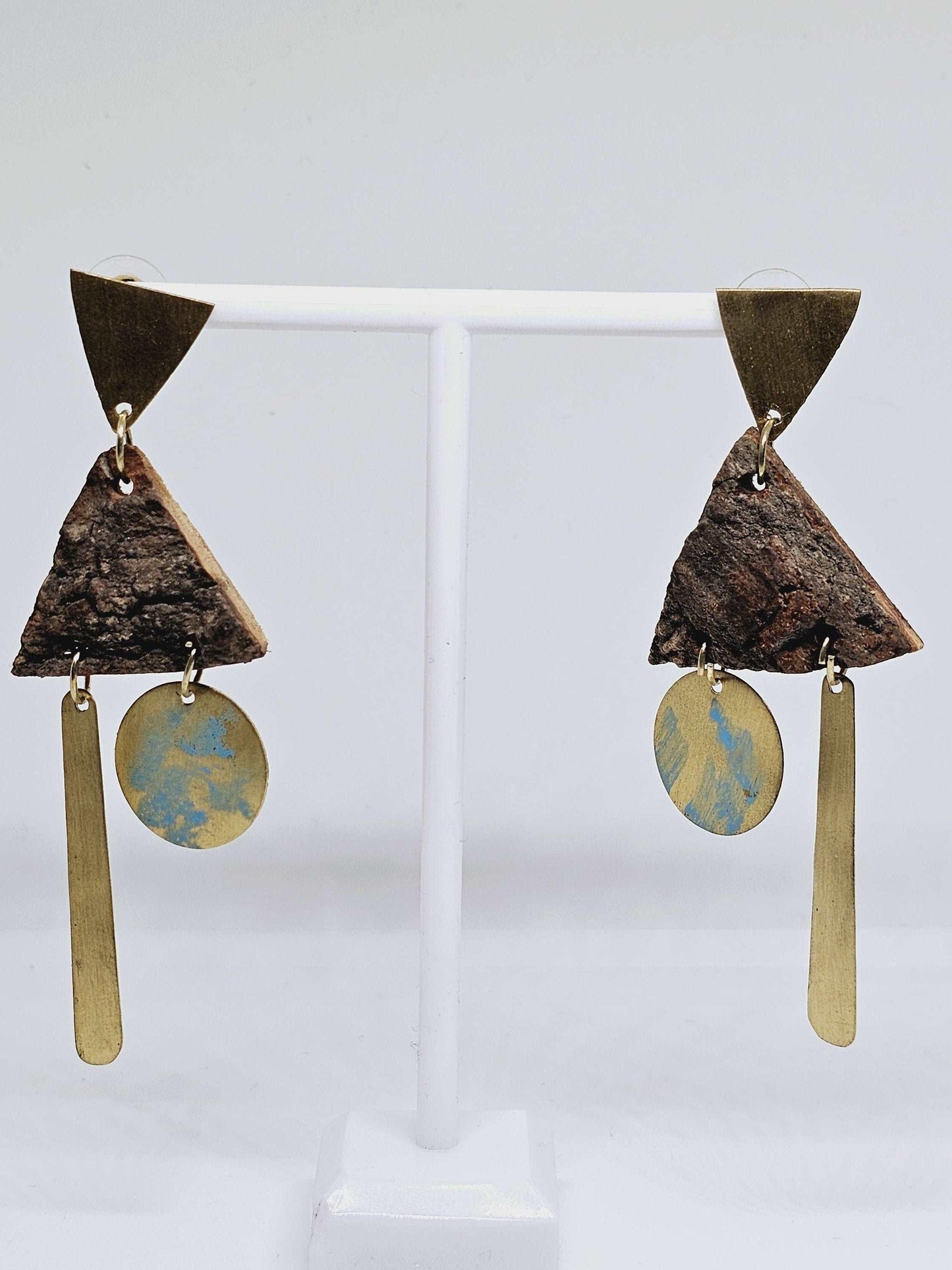 WOMENS DESIGNER EARRINGS - Wood Brass Earrings, Circle Triangle Earrings, Fashionable Earrings, Geometric Earrings, Artisan Jewelry for Gift
