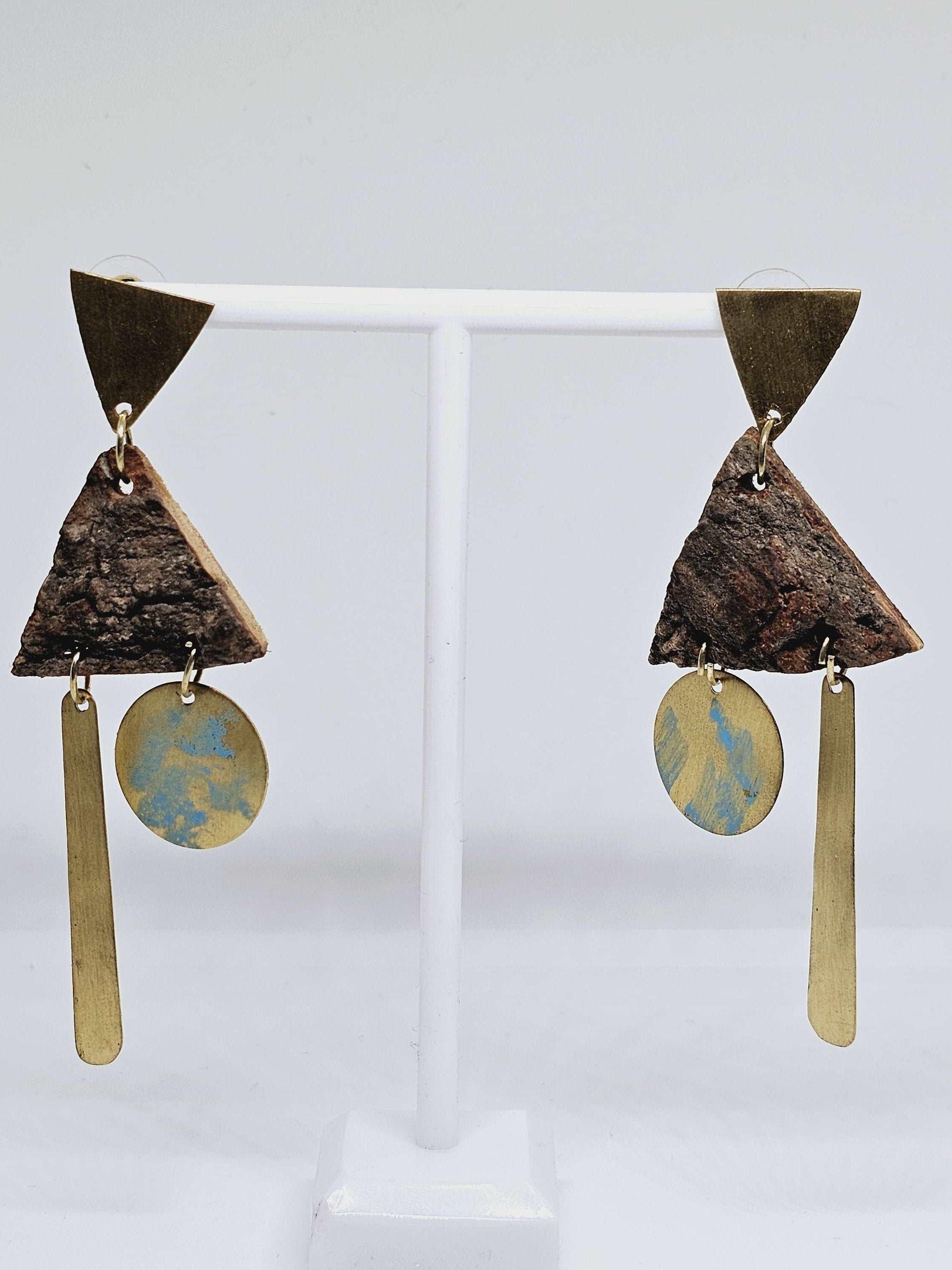 WOMENS DESIGNER EARRINGS - Wood Brass Earrings, Circle Triangle Earrings, Fashionable Earrings, Geometric Earrings, Artisan Jewelry for Gift