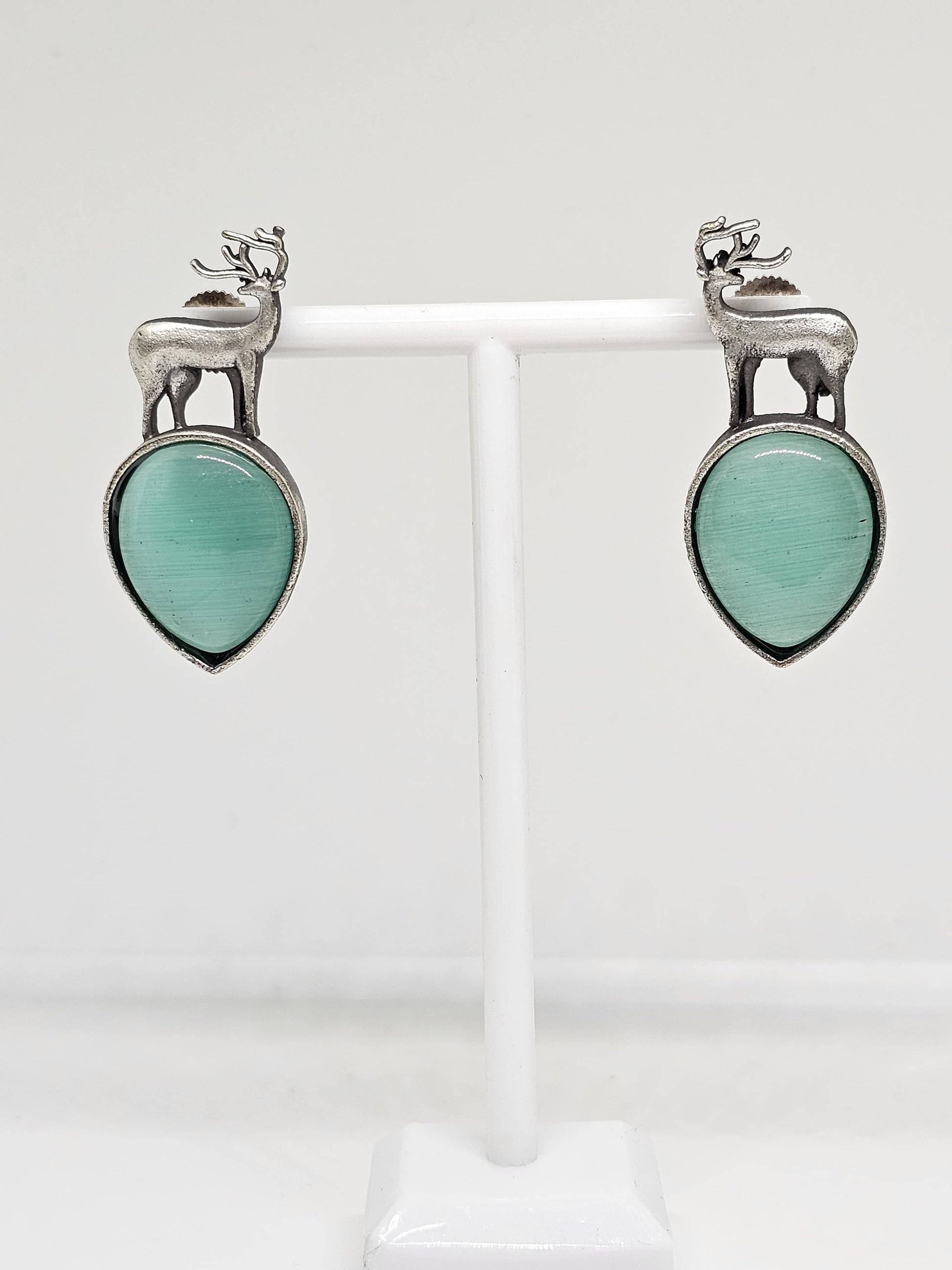 GREEN STONE EARRINGS - Deer Stag Silver Stone Earrings, Unique Earrings, Handmade Womens Earrings, Fashionable Earrings, Stud Earrings Gift