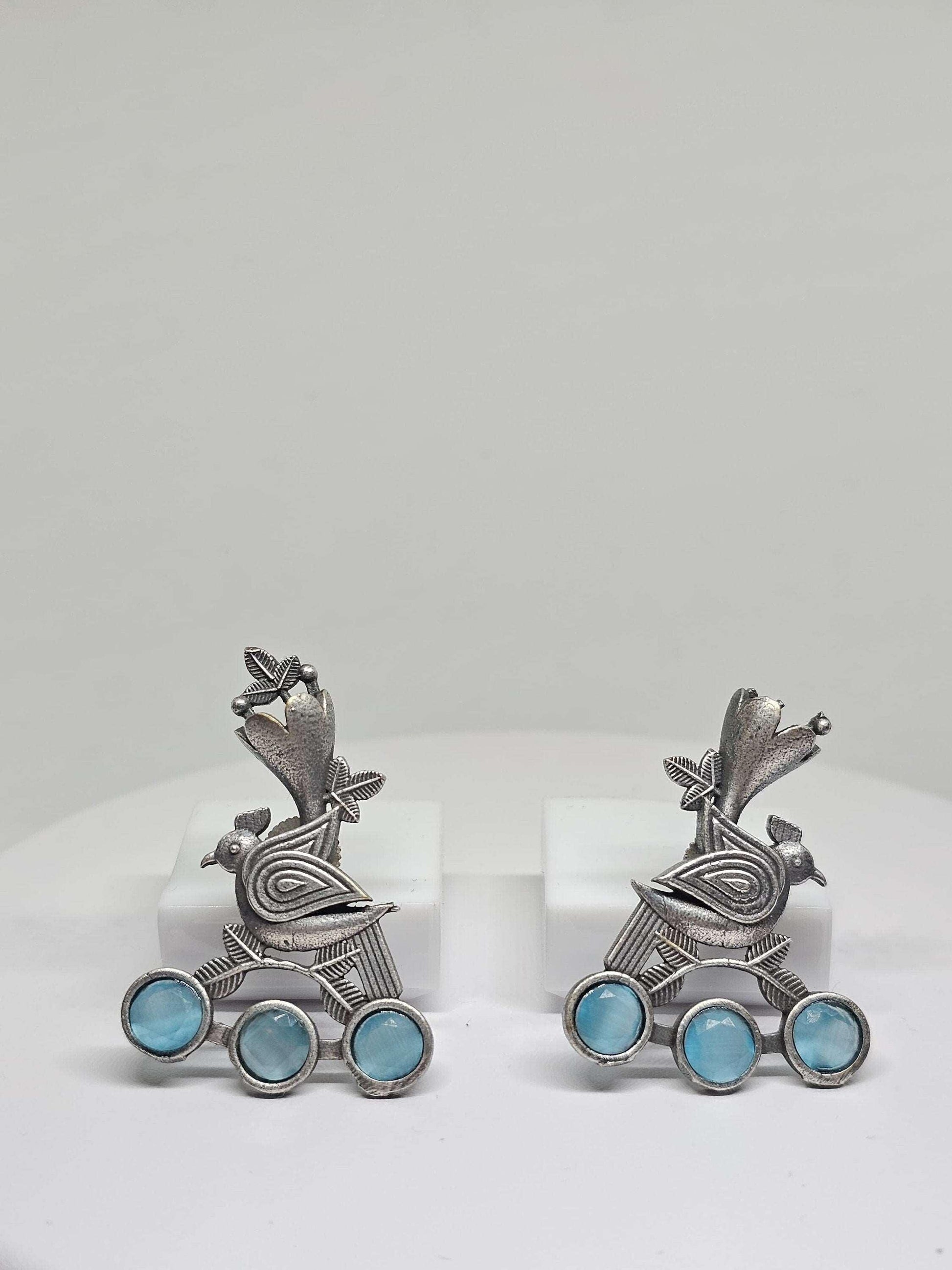 MONALISA STONE SILVER Earrings - Silver look alike oxidized material Monalisa stone, Bird and Leaf shape Jewellery, Gift Ideas for her Mom