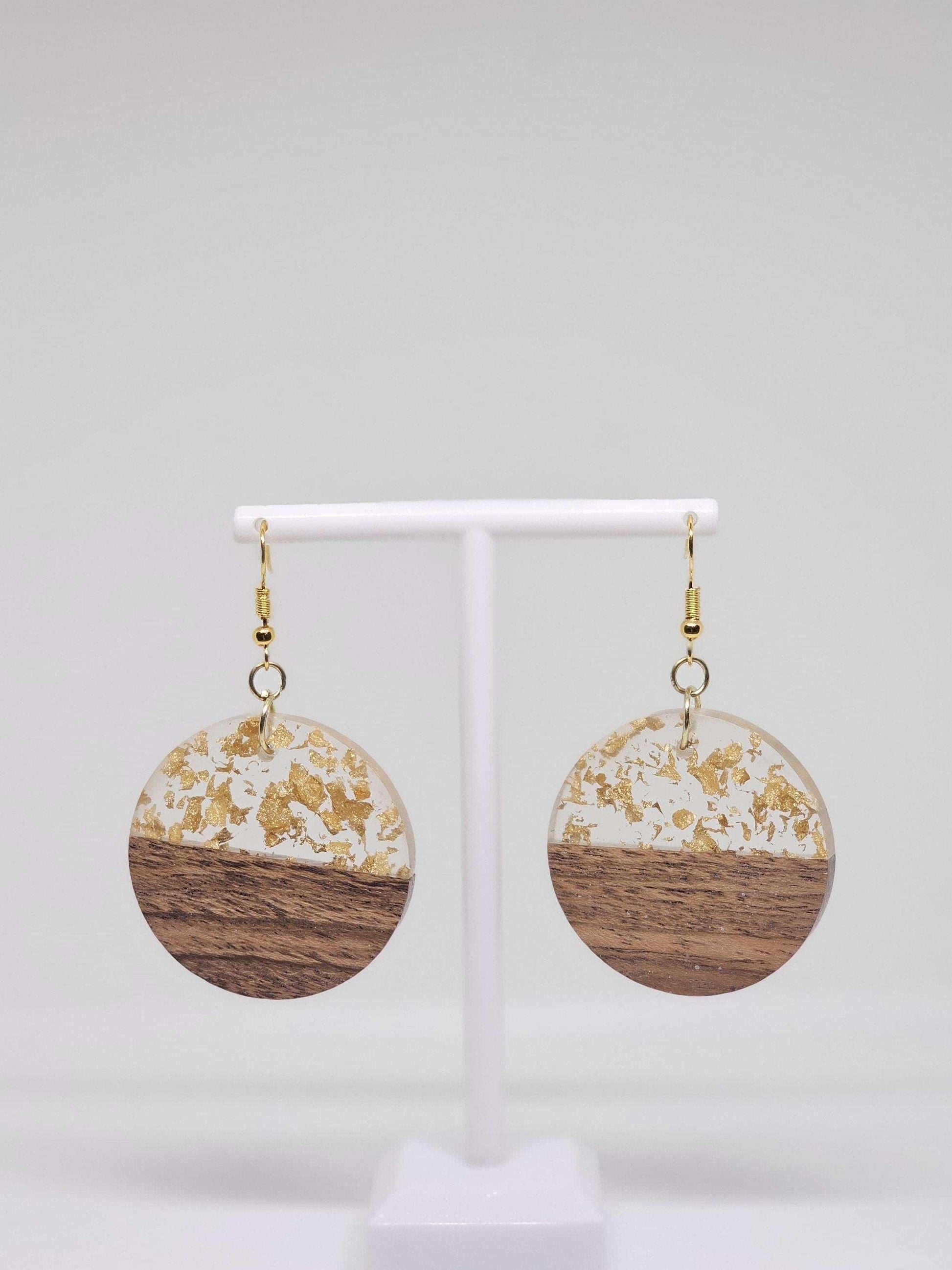 WOOD RESIN EARRINGS - Boho Chic Earrings, Artisan Earrings, Round Dangle Earrings, Resin Earrings Handmade, Modern Jewelry, Earrings for Her