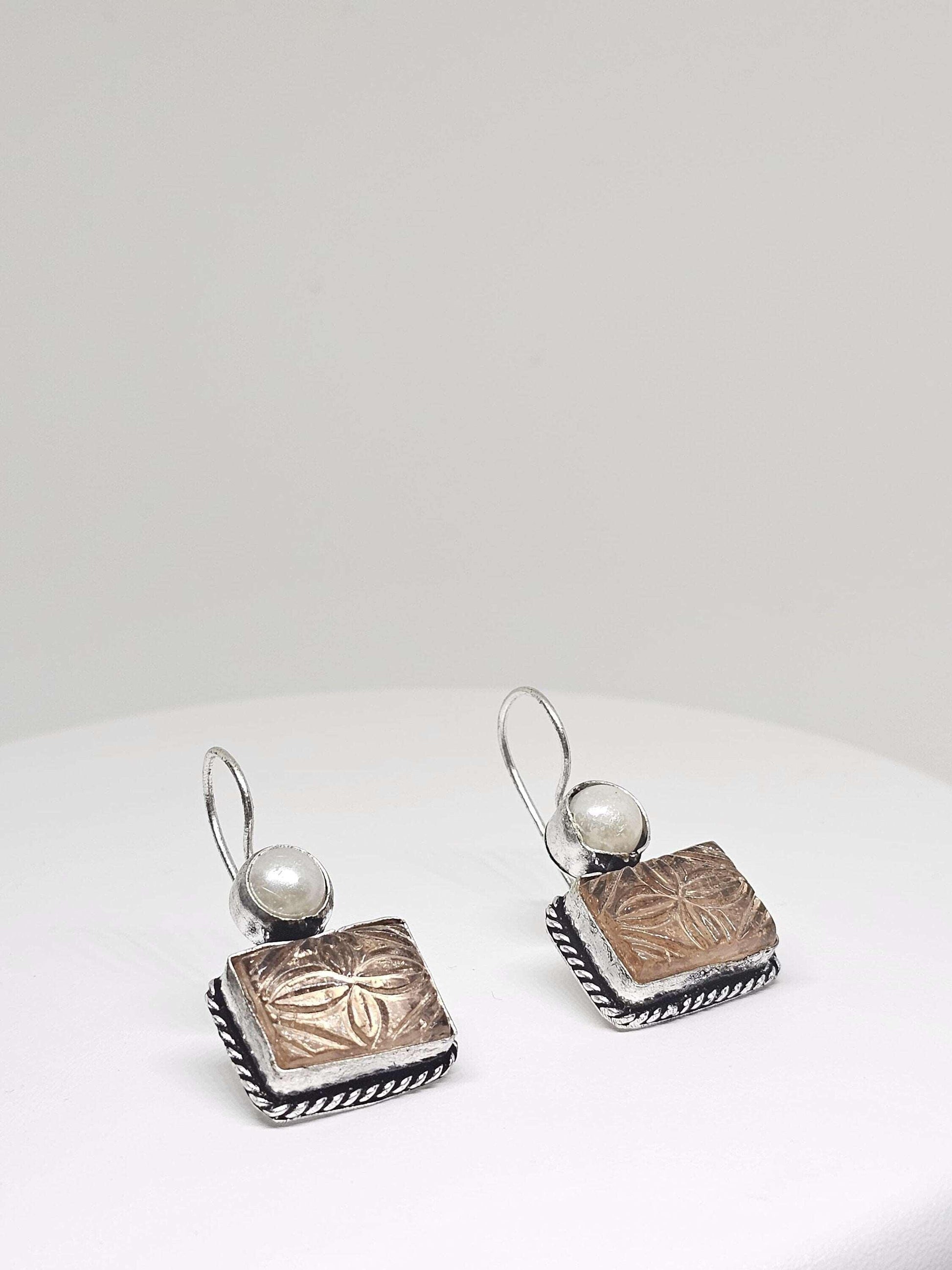 Elegant White Earrings Peach Carved Stone Oxidised Silver - Handcrafted Jewelry with Pearl Modern Design, Perfect for Women and Gift for Her