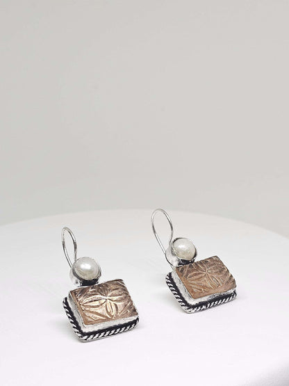 Elegant White Earrings Peach Carved Stone Oxidised Silver - Handcrafted Jewelry with Pearl Modern Design, Perfect for Women and Gift for Her
