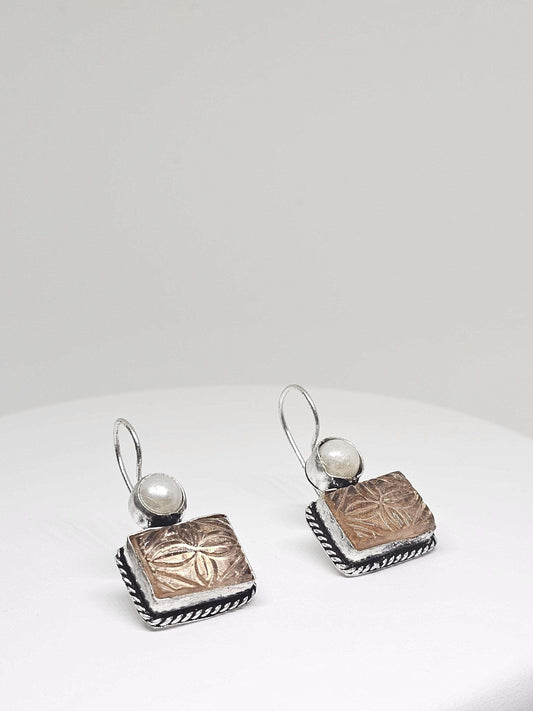 Elegant White Earrings Peach Carved Stone Oxidised Silver - Handcrafted Jewelry with Pearl Modern Design, Perfect for Women and Gift for Her