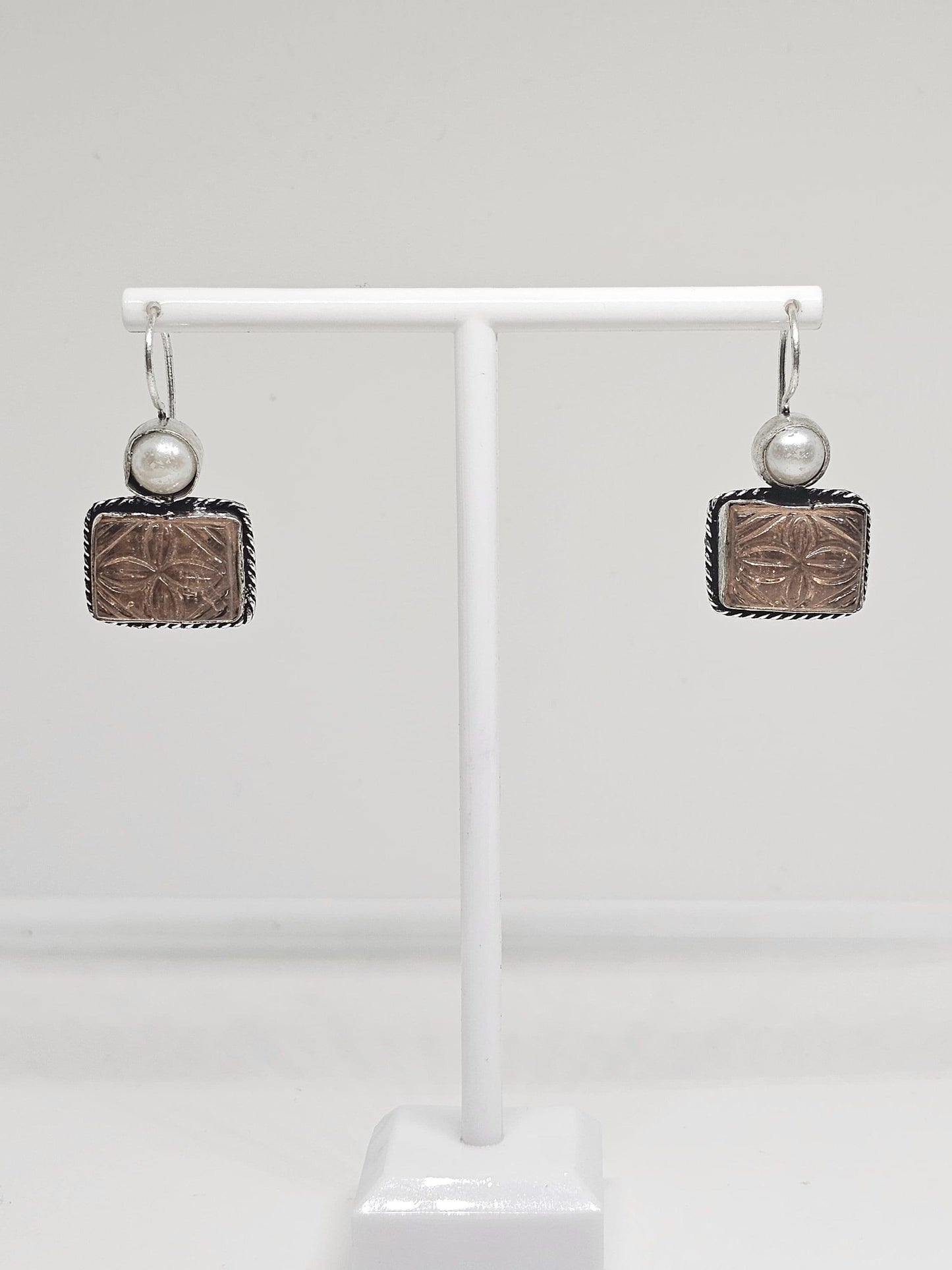 Elegant White Earrings Peach Carved Stone Oxidised Silver - Handcrafted Jewelry with Pearl Modern Design, Perfect for Women and Gift for Her