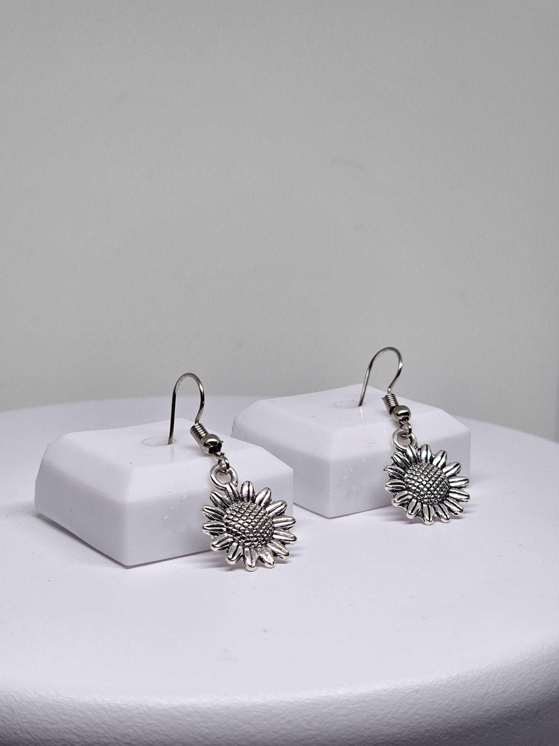 SILVER SUNFLOWER EARRINGS - Boho Floral Earrings, Womens Dangle Earrings, Vintage Style Earrings, Handmade Silver Earrings, Earrings for Her