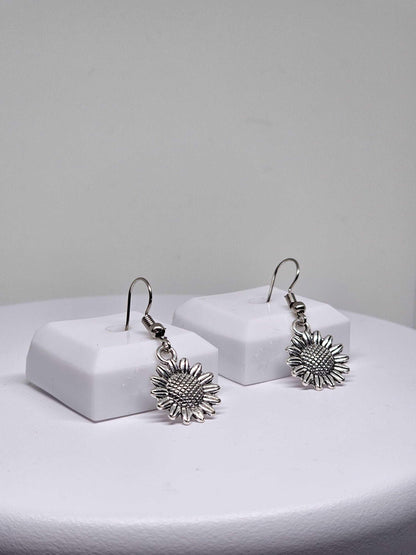 SILVER SUNFLOWER EARRINGS - Boho Floral Earrings, Womens Dangle Earrings, Vintage Style Earrings, Handmade Silver Earrings, Earrings for Her