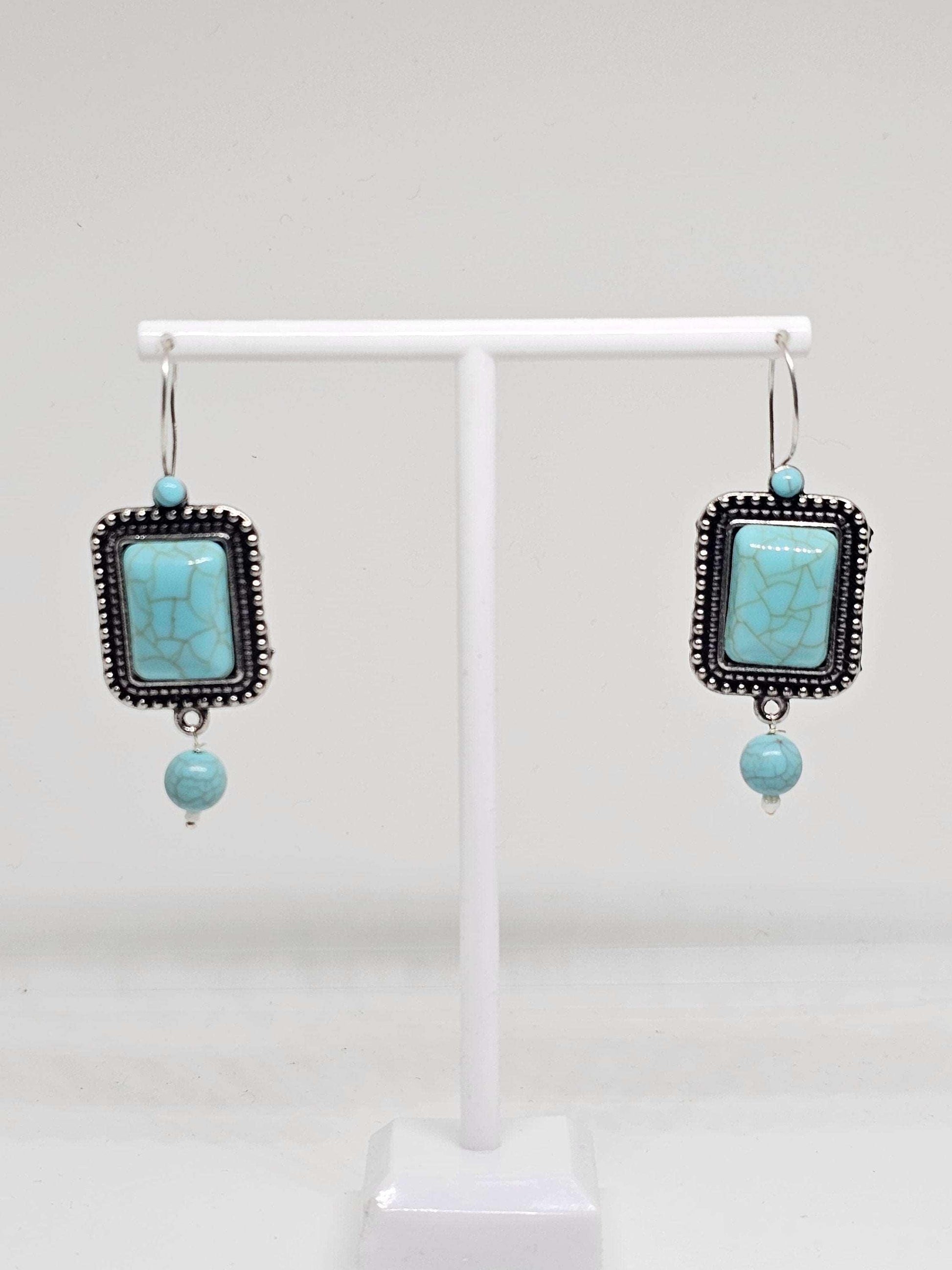 SILVER STONE EARRINGS - Handmade Tibetan Earrings, Rectangle Turquoise Stone Earrings, Earrings for Womens, Handmade Jewelry, Boho Earrings