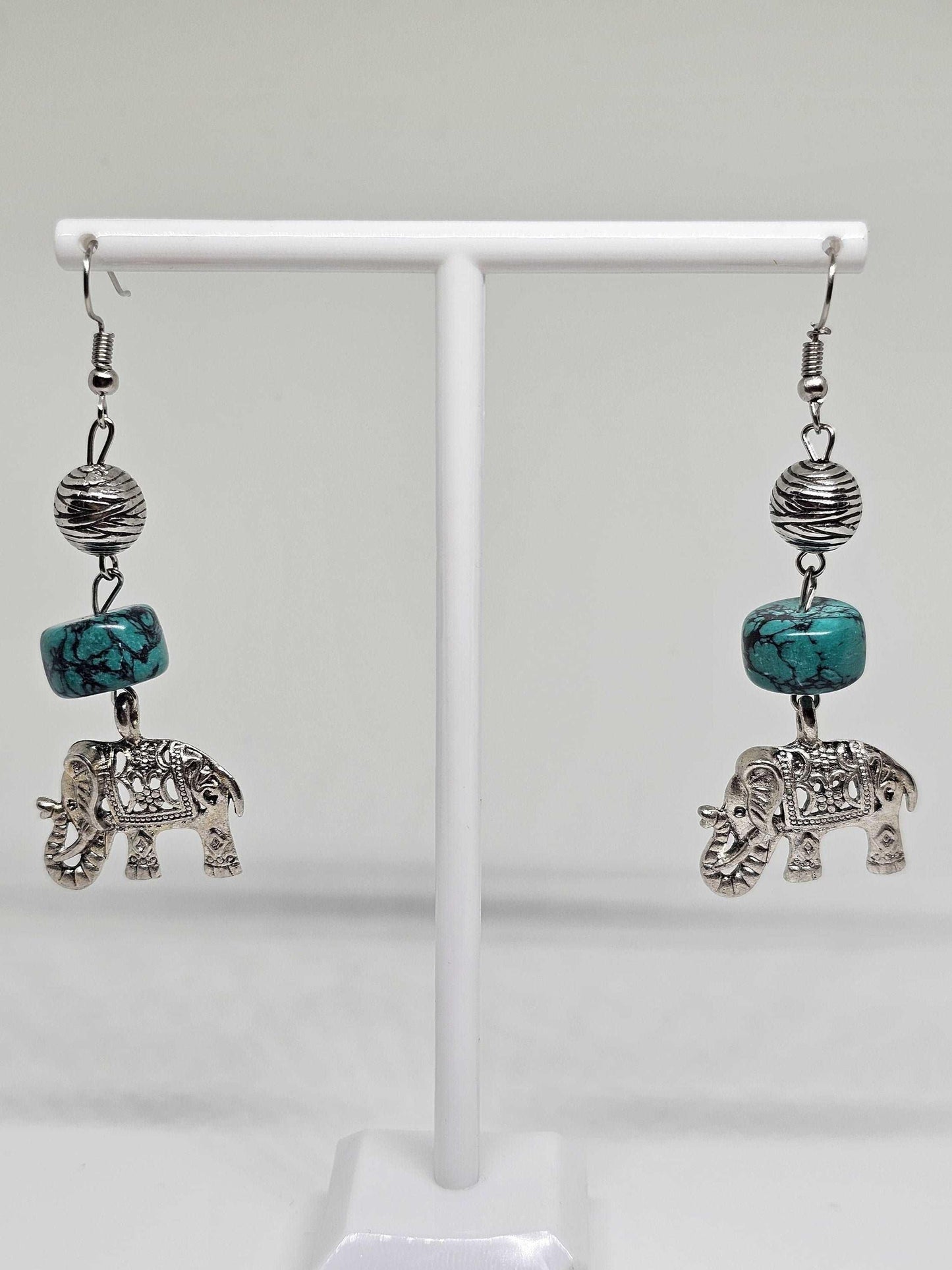TURQUOISE STONE EARRINGS - Elephant Charm Earrings, Womens Dangle Earrings, Handmade Earrings, Silver Stone Earrings, Boho Earrings for Gift