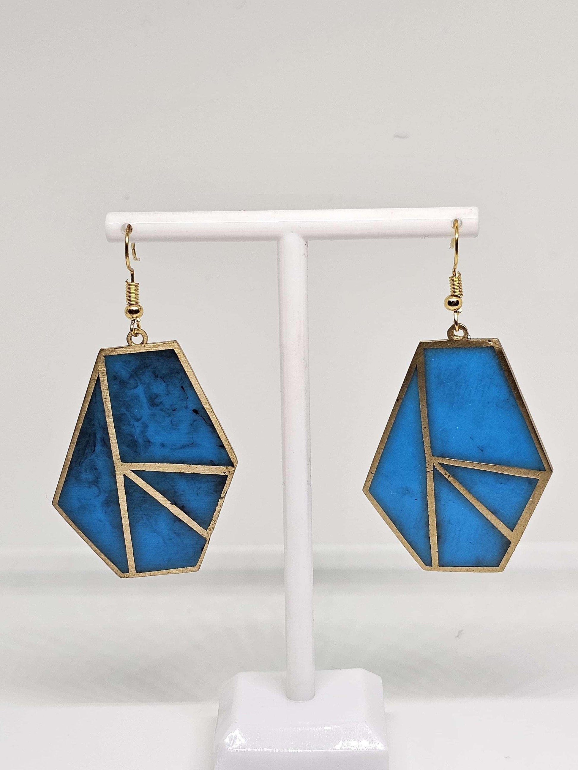 RESIN EARRINGS HANDMADE - Brass Geometric Earring, Blue Stone Earrings Gift, Minimalist Earrings, Stylish Earrings, Womens Earrings for Gift