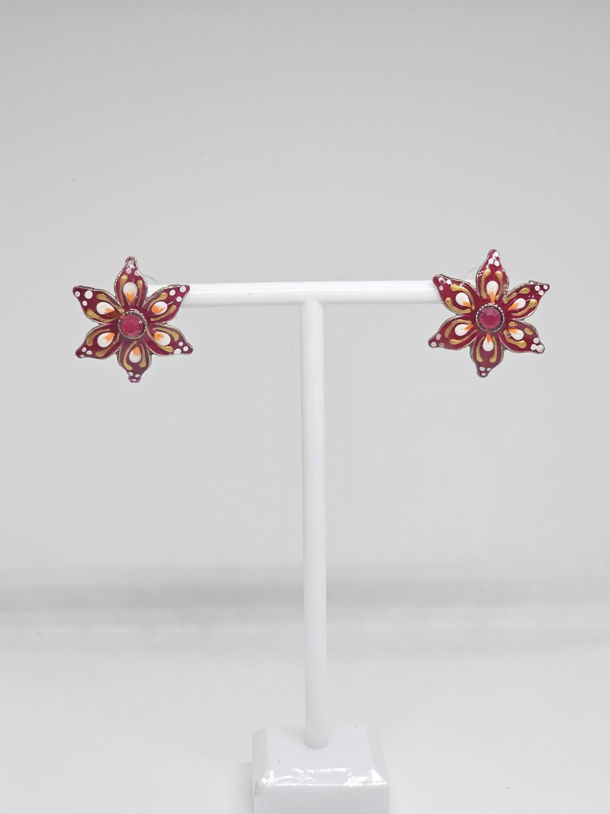 HAND PAINTED FLORAL Enamel Earrings - Vibrant Red and Gold Petal Design, Unique Jewelry for Women Girls, Elegant and Lightweight Accessories