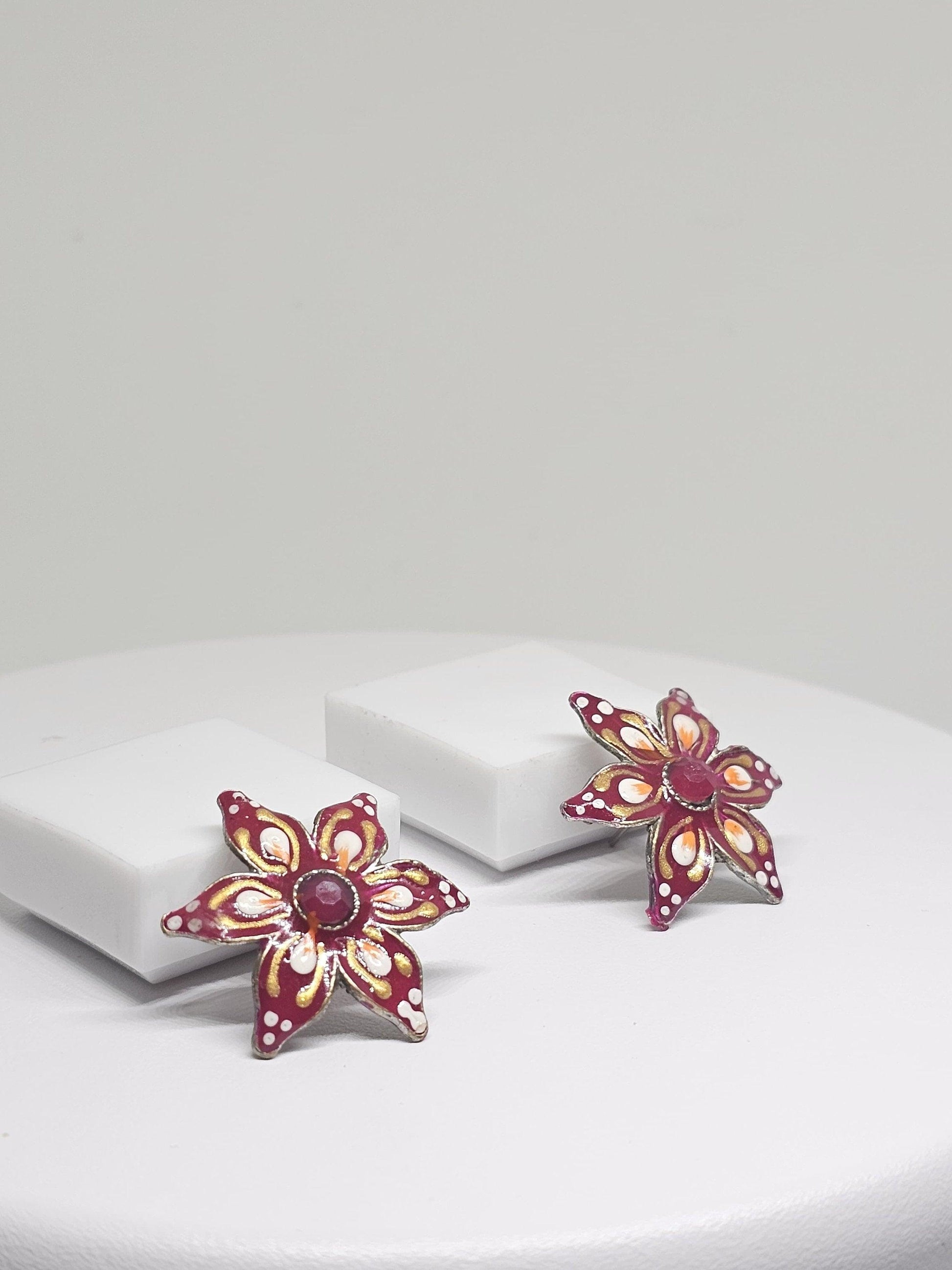HAND PAINTED FLORAL Enamel Earrings - Vibrant Red and Gold Petal Design, Unique Jewelry for Women Girls, Elegant and Lightweight Accessories
