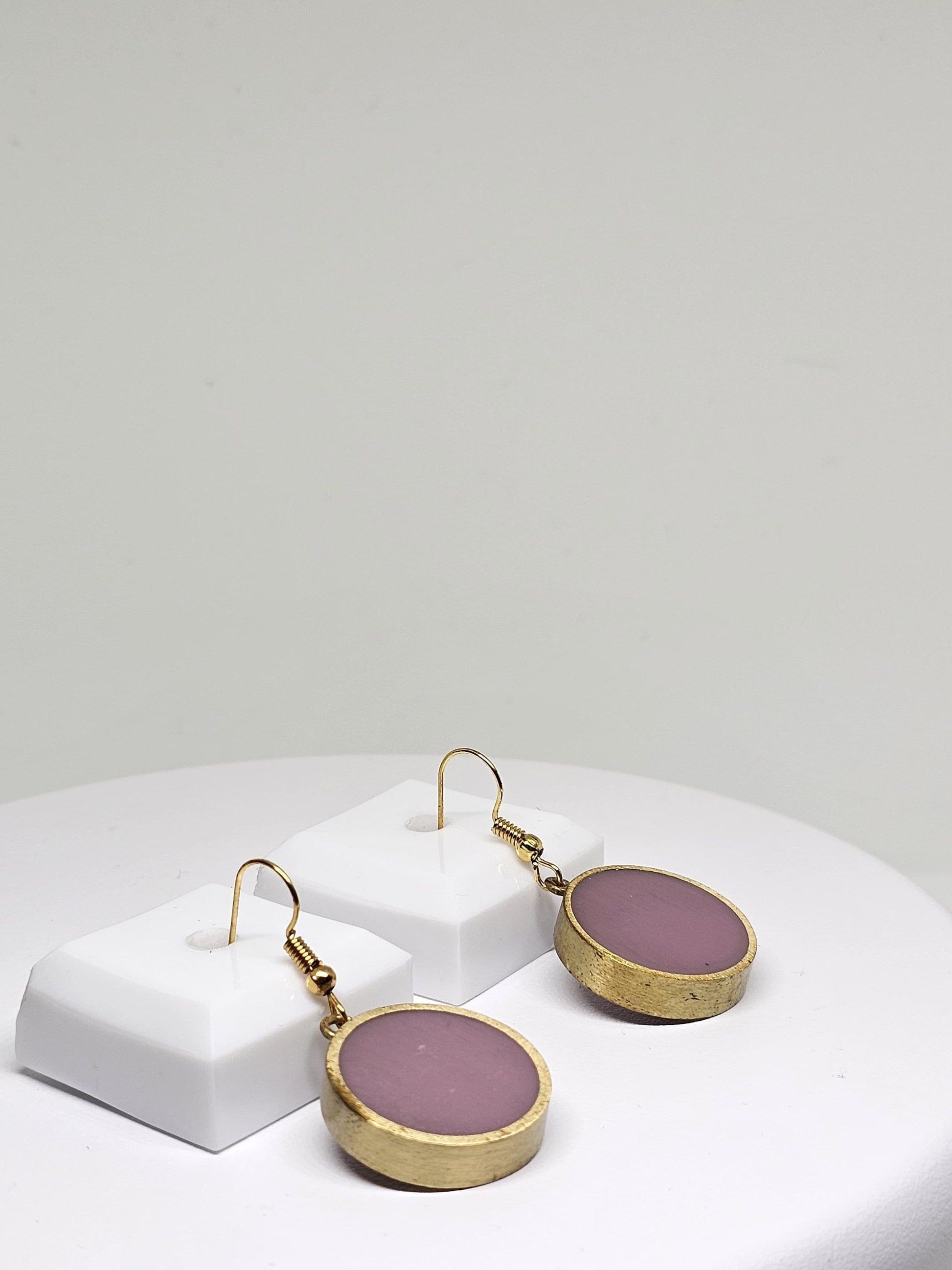 PURPLE RESIN EARRINGS - Handmade Brass Earrings, Round Dangle Earrings, Artistic Earrings, Geometric Earrings for Womens, Boho Earrings Gift
