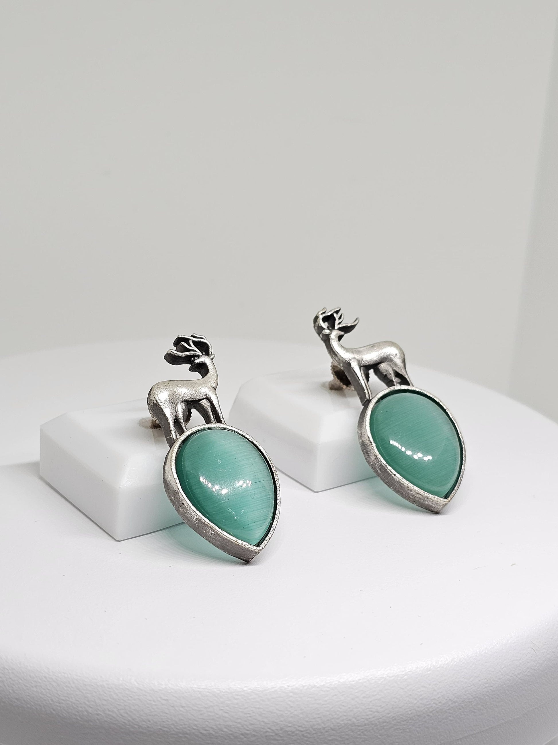 GREEN STONE EARRINGS - Deer Stag Silver Stone Earrings, Unique Earrings, Handmade Womens Earrings, Fashionable Earrings, Stud Earrings Gift