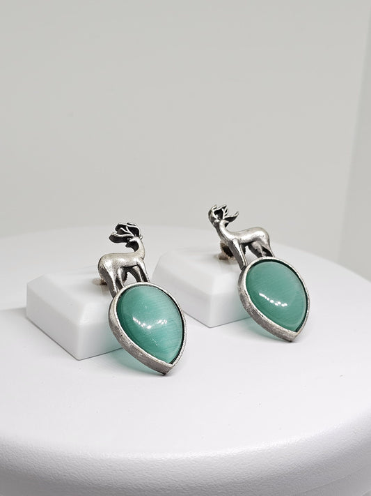 GREEN STONE EARRINGS - Deer Stag Silver Stone Earrings, Unique Earrings, Handmade Womens Earrings, Fashionable Earrings, Stud Earrings Gift