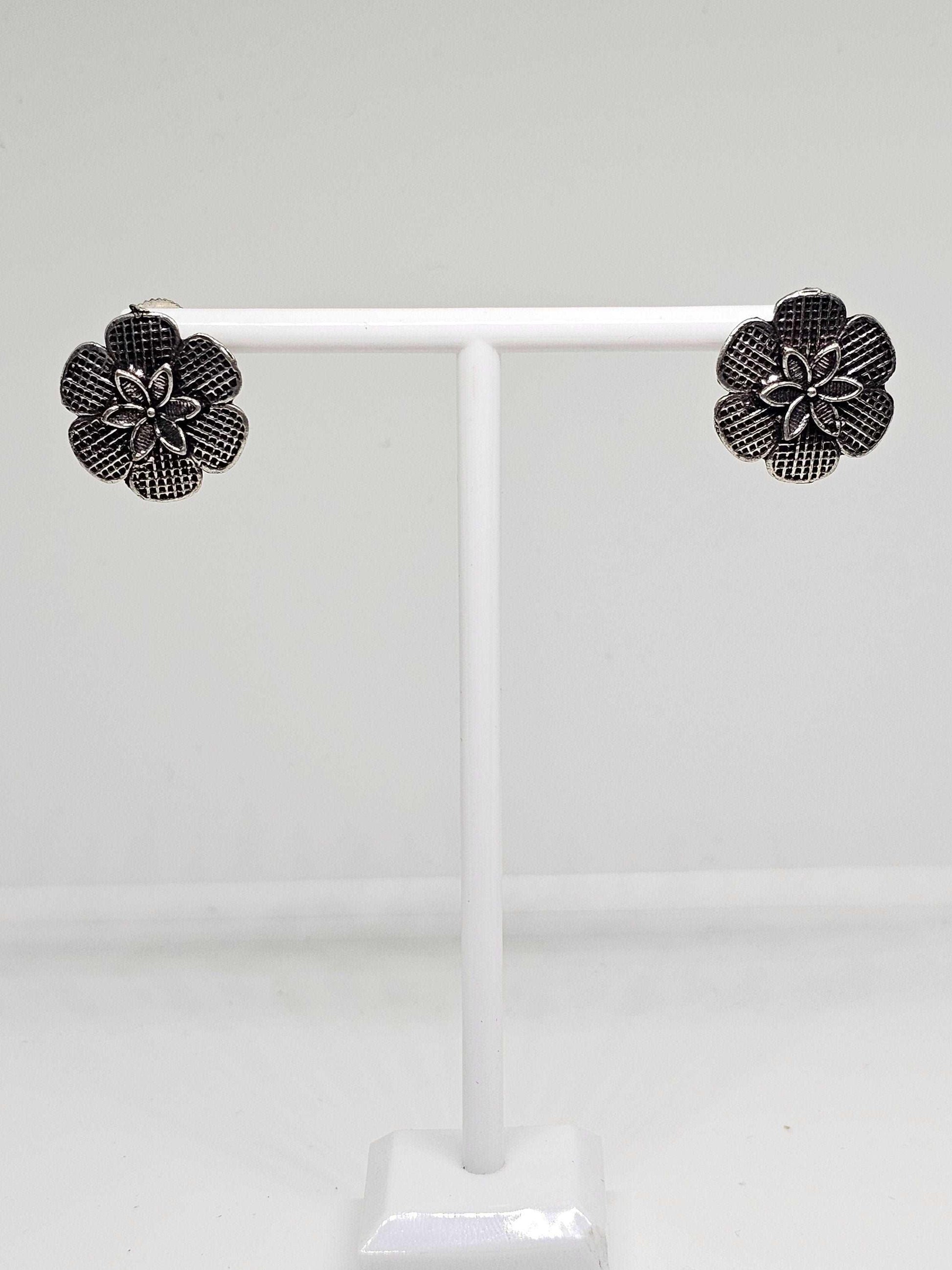 German Silver Oxidized Flower Earrings - Antique Silver Jewelry - Vintage Style Floral Earrings - Handmade Gift for Women, Mom & Girlfriend