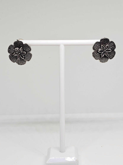 German Silver Oxidized Flower Earrings - Antique Silver Jewelry - Vintage Style Floral Earrings - Handmade Gift for Women, Mom & Girlfriend