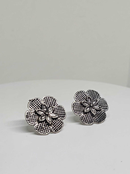 German Silver Oxidized Flower Earrings - Antique Silver Jewelry - Vintage Style Floral Earrings - Handmade Gift for Women, Mom & Girlfriend