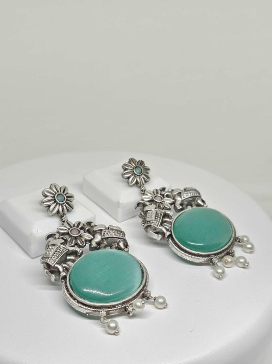 Handmade Sterling Silver Elephant Earrings with Aqua Gemstones and Pearl Accents - Boho Statement Jewelry, Indian Inspired Dangle Earrings