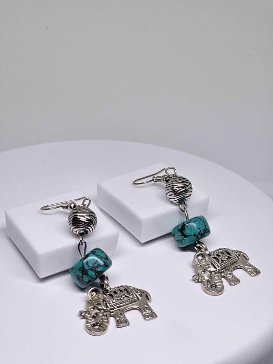 TURQUOISE STONE EARRINGS - Elephant Charm Earrings, Womens Dangle Earrings, Handmade Earrings, Silver Stone Earrings, Boho Earrings for Gift
