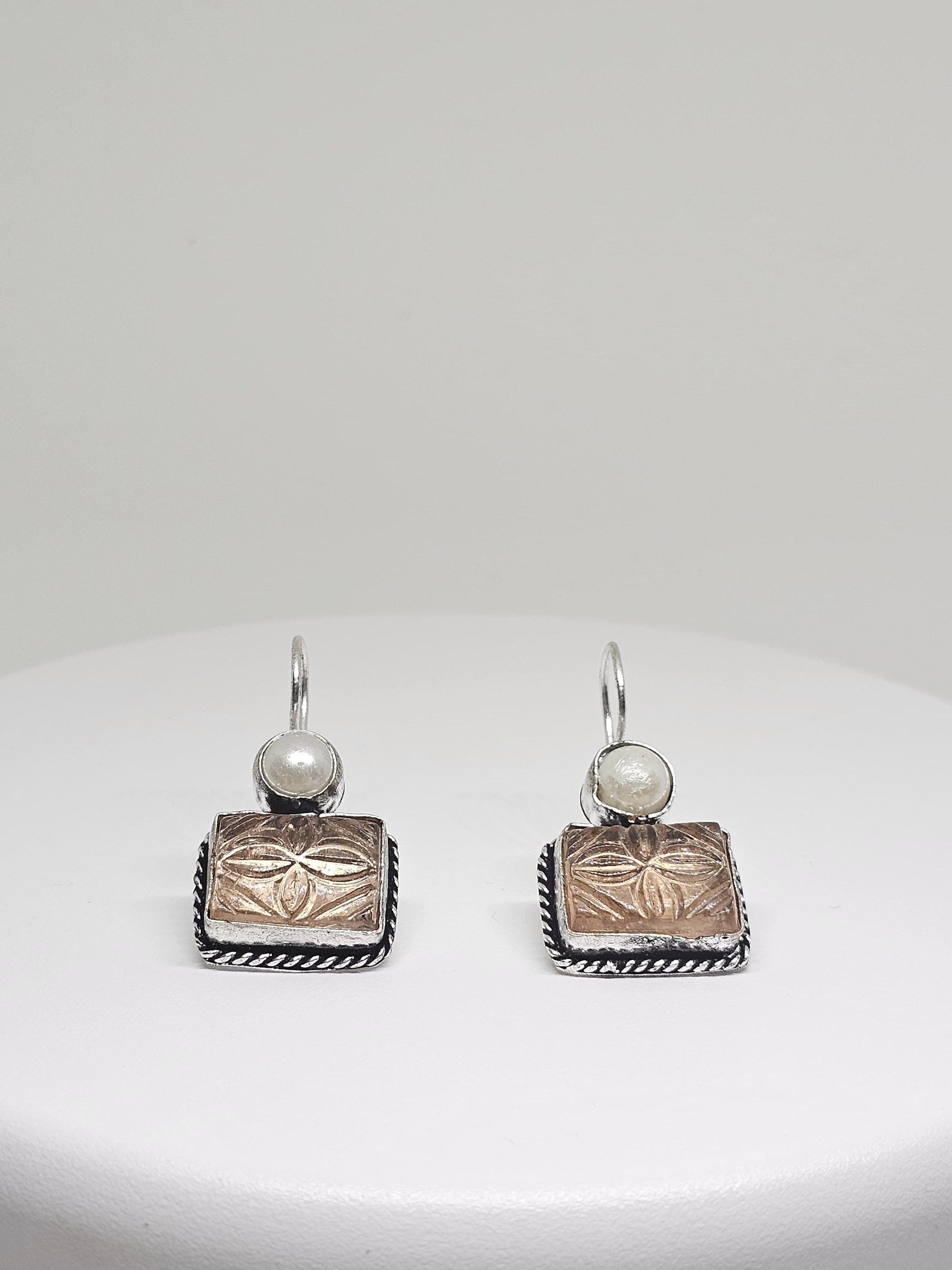 Elegant White Earrings Peach Carved Stone Oxidised Silver - Handcrafted Jewelry with Pearl Modern Design, Perfect for Women and Gift for Her