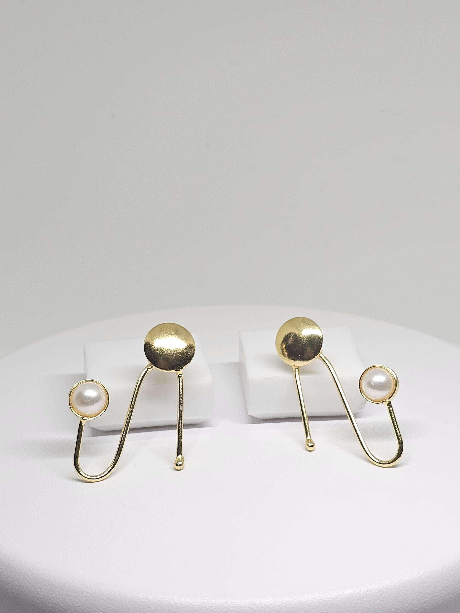 GOMETRIC MODERN EARRINGS - Gold Plated with Pearl Stone - Minimalist Design, Unique Handmade Jewelry for Women, Perfect Gift for Mom, Girl