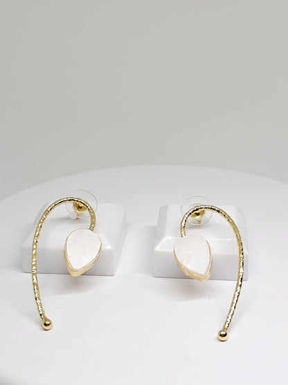Beautifully designed brass earrings with a polished white stone, featuring a curved dangle style for a modern and sophisticated look