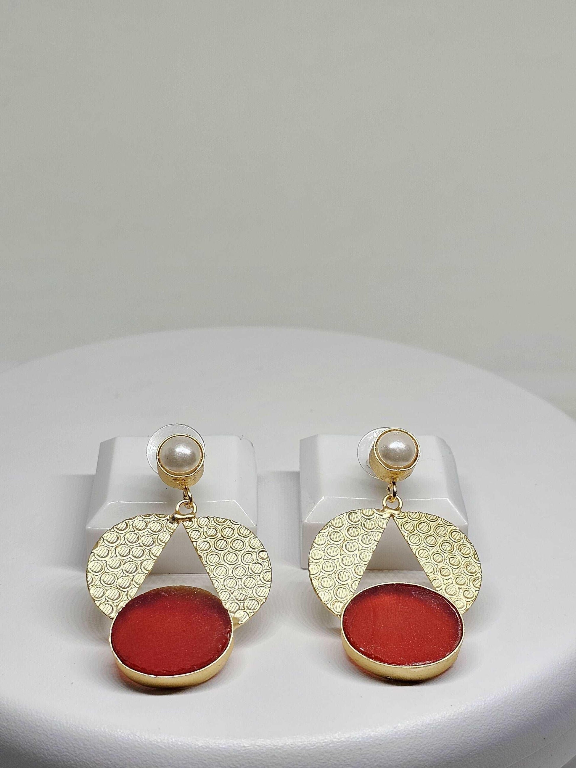Gold Textured Geometric Dangle Earrings with Red Statement Accents and Pearl Studs – Bold and Elegant Fashion Jewelry for Women, Red Stone
